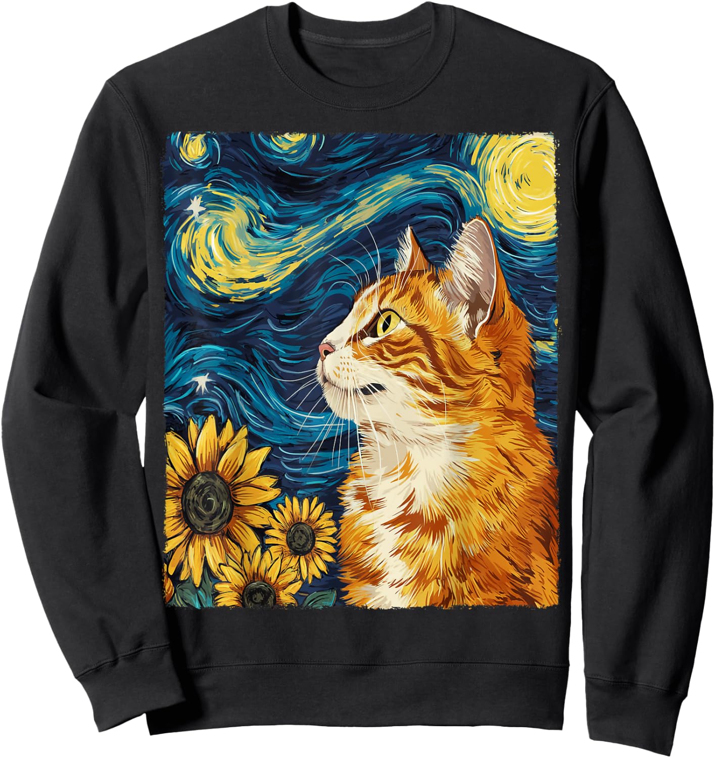 Cat Starry Night Apparel Gifts Graphic Cat Mom Cat Dad -Adults -Kids Black Small Round Collar Sunflower Graphic Modern Sweatshirt - Sweatshirt | Black