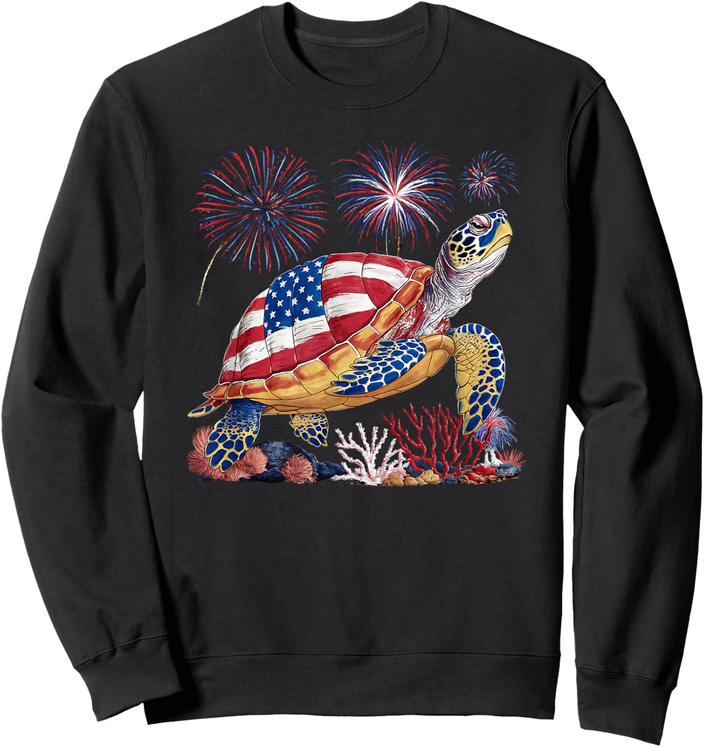 Sea Turtle 4th of July American USA Flag Patriotic Sweatshirt - Sweatshirt | Black