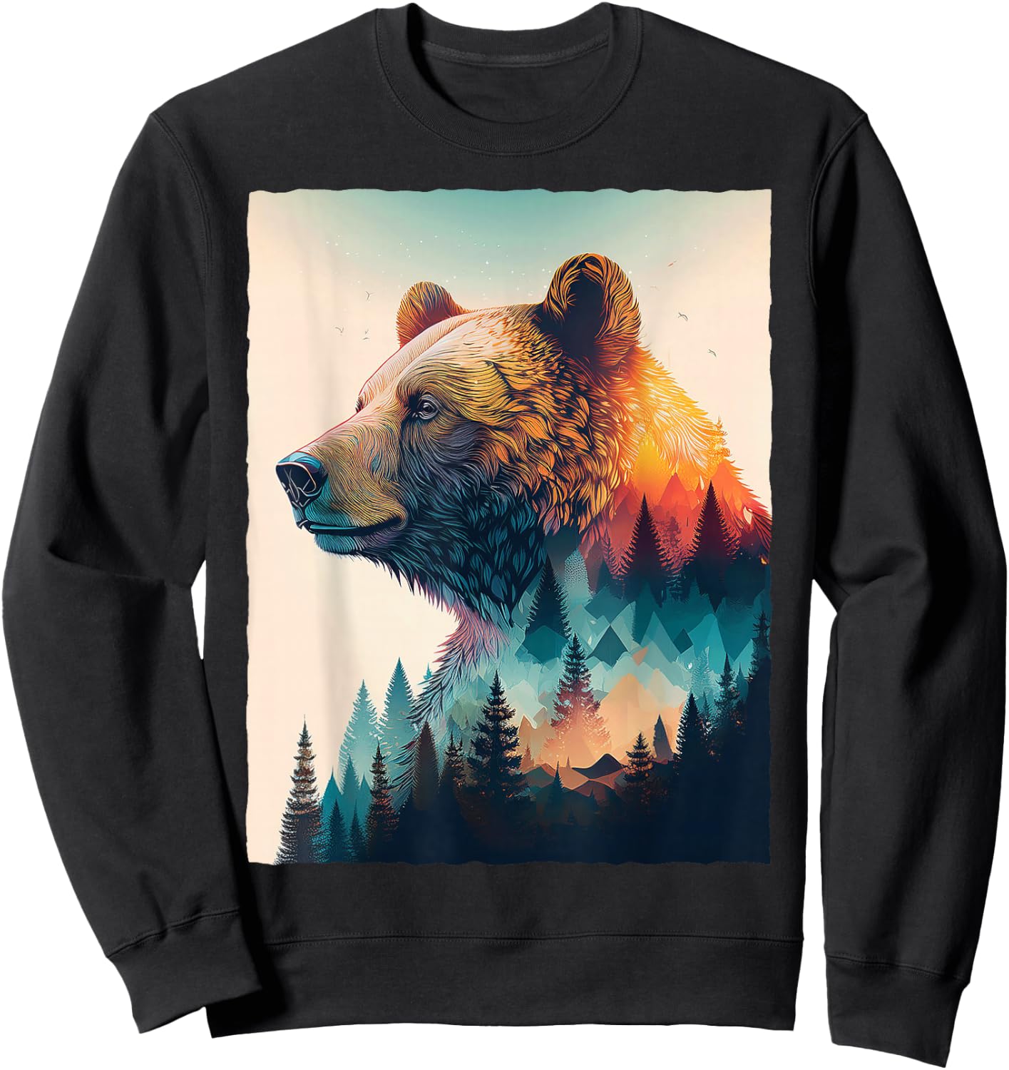 Grizzly Bear Forest Mountain Sunset Double Exposure Art Sweatshirt - Sweatshirt | Black