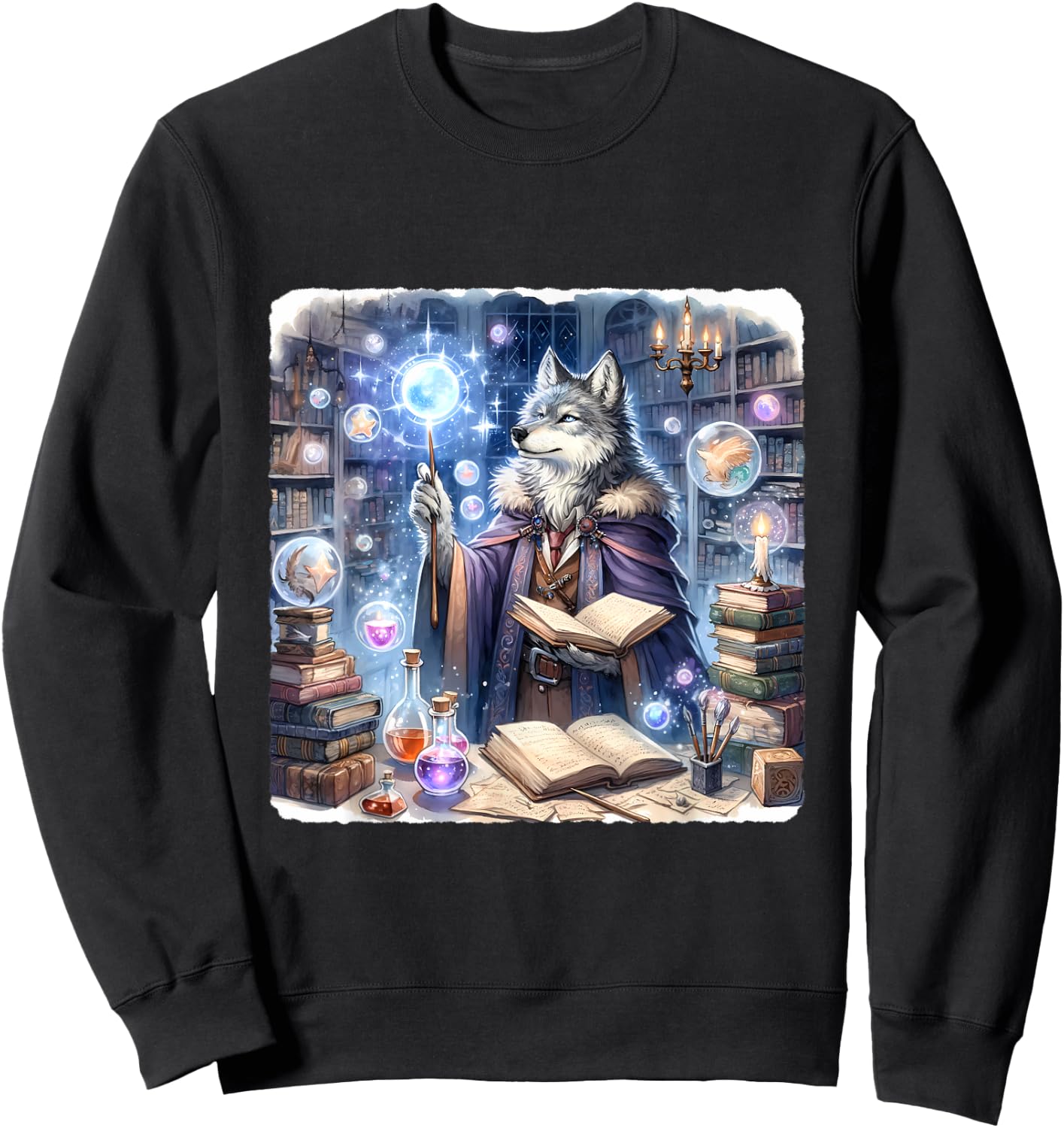 Wolf Wizard Casting Spells With Luminous Wand. Books Potions Sweatshirt - Sweatshirt | Black