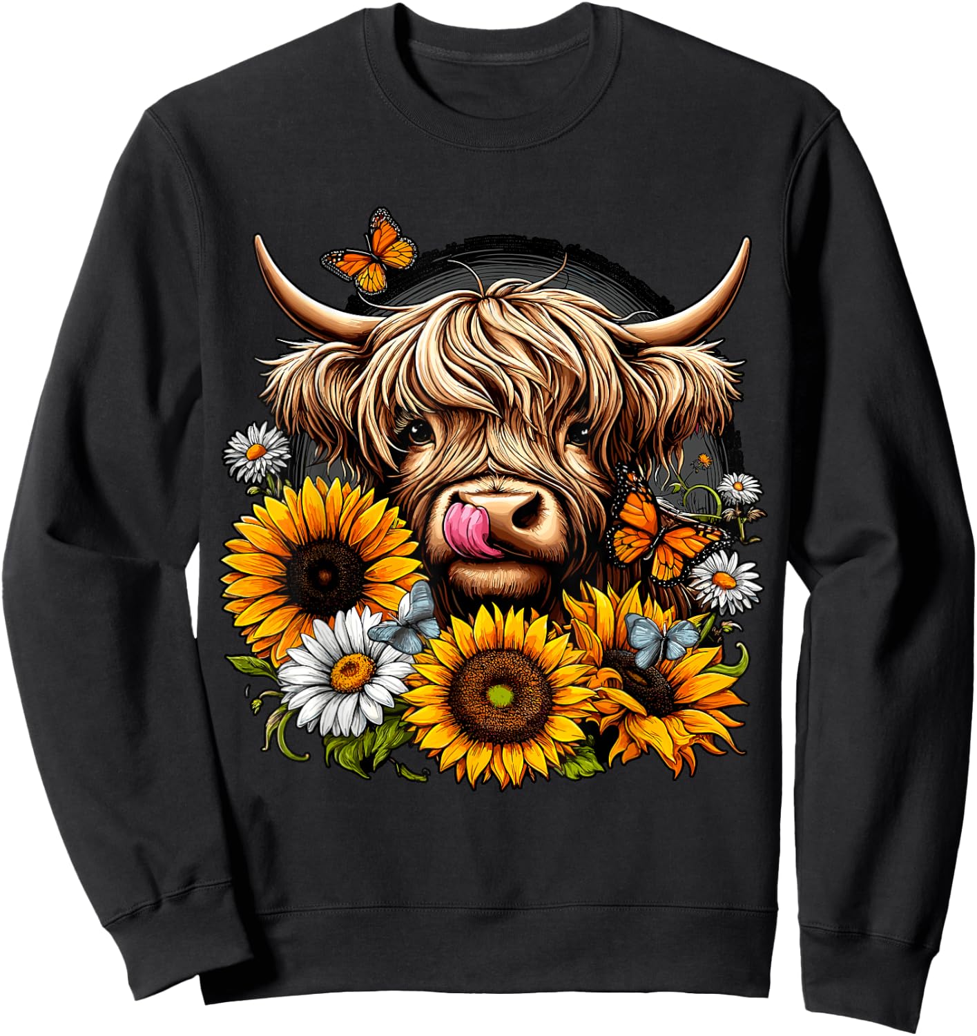 Highland Cow with Sunflowers and Butterflies Sweatshirt - Sweatshirt | Black