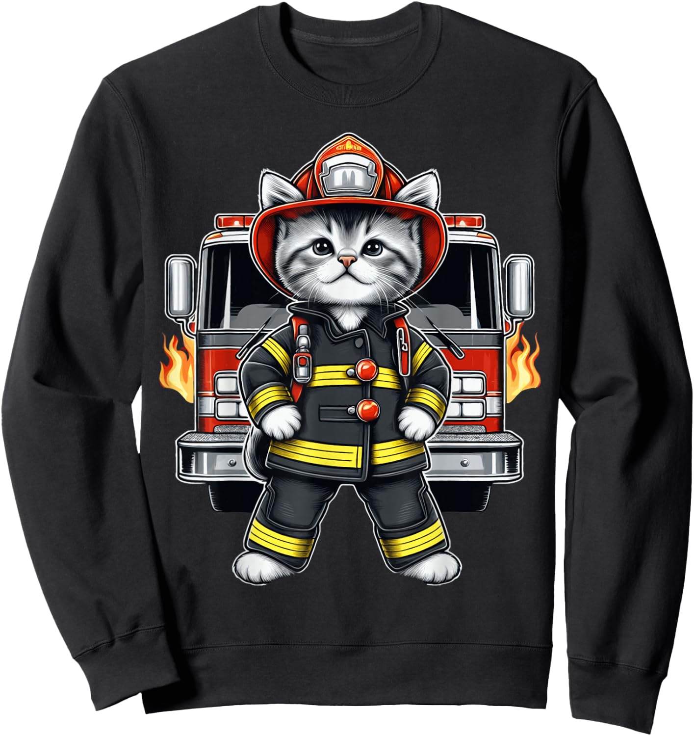 Brave Kitten Firefighter Cute Heroic Cat Adorable Firetruck Sweatshirt - Sweatshirt | Black