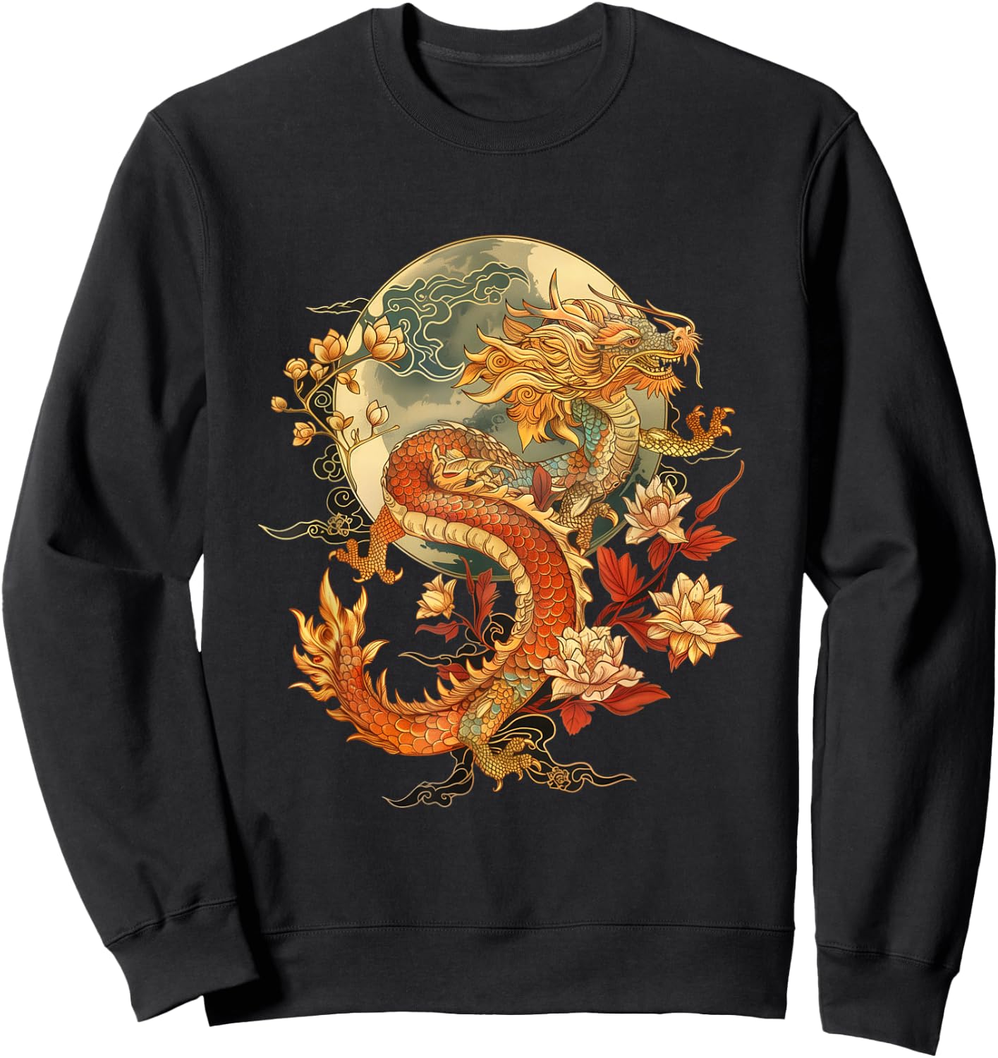 Crimson Lunar Floral Dragon Art Noveau Sweatshirt - Sweatshirt | Black