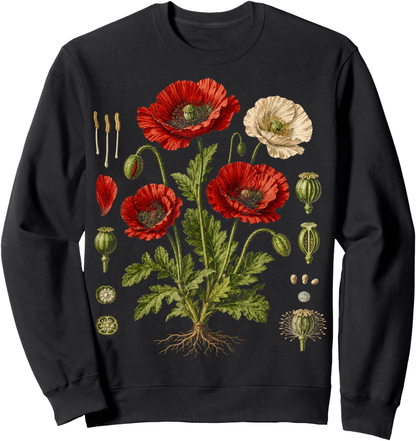 Vintage Red Poppy Botanical Chart Sweatshirt - Sweatshirt | Black