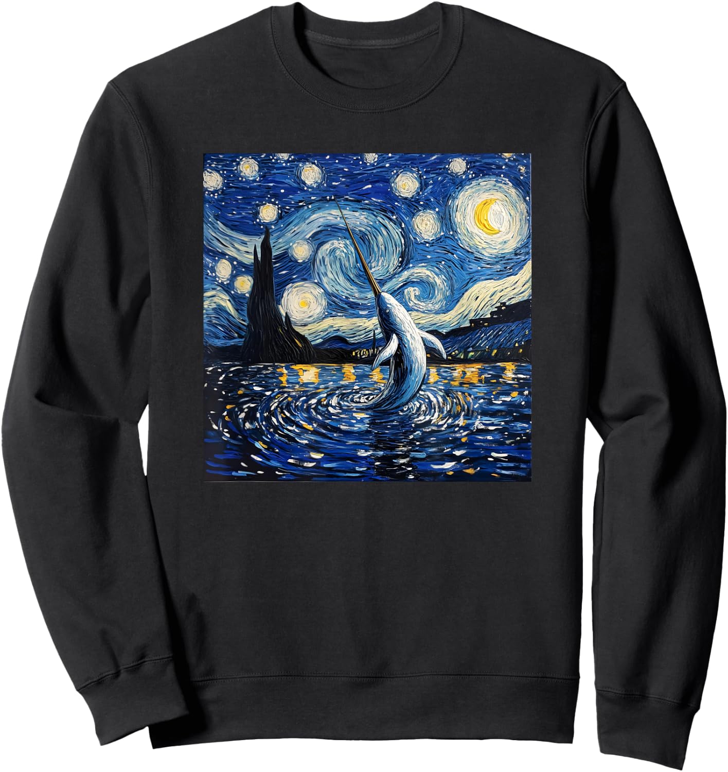 Cute Van Gogh Narwhal Starry Night Funny Women & Men Sweatshirt - Sweatshirt | Black