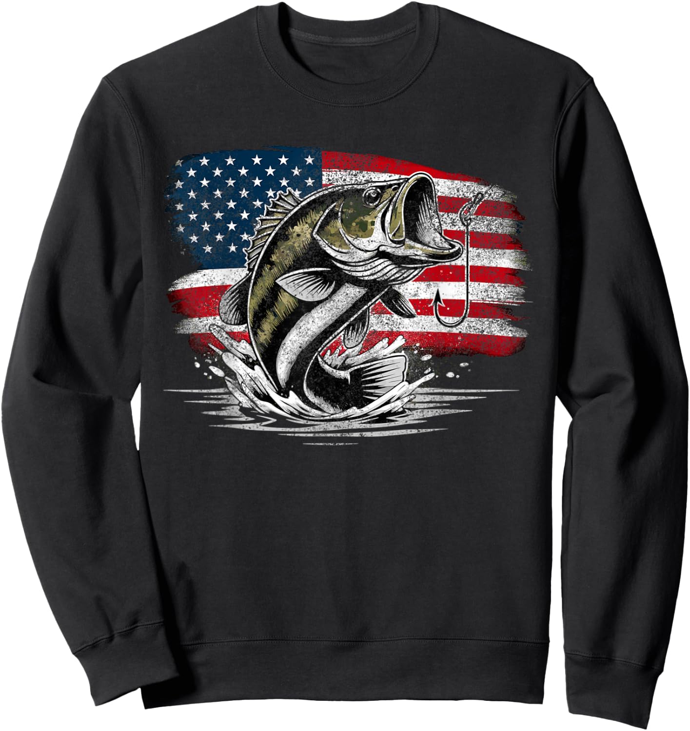 Fishing Retro US American Flag Bass Fish Fisherman Camo Sweatshirt - Sweatshirt | Black