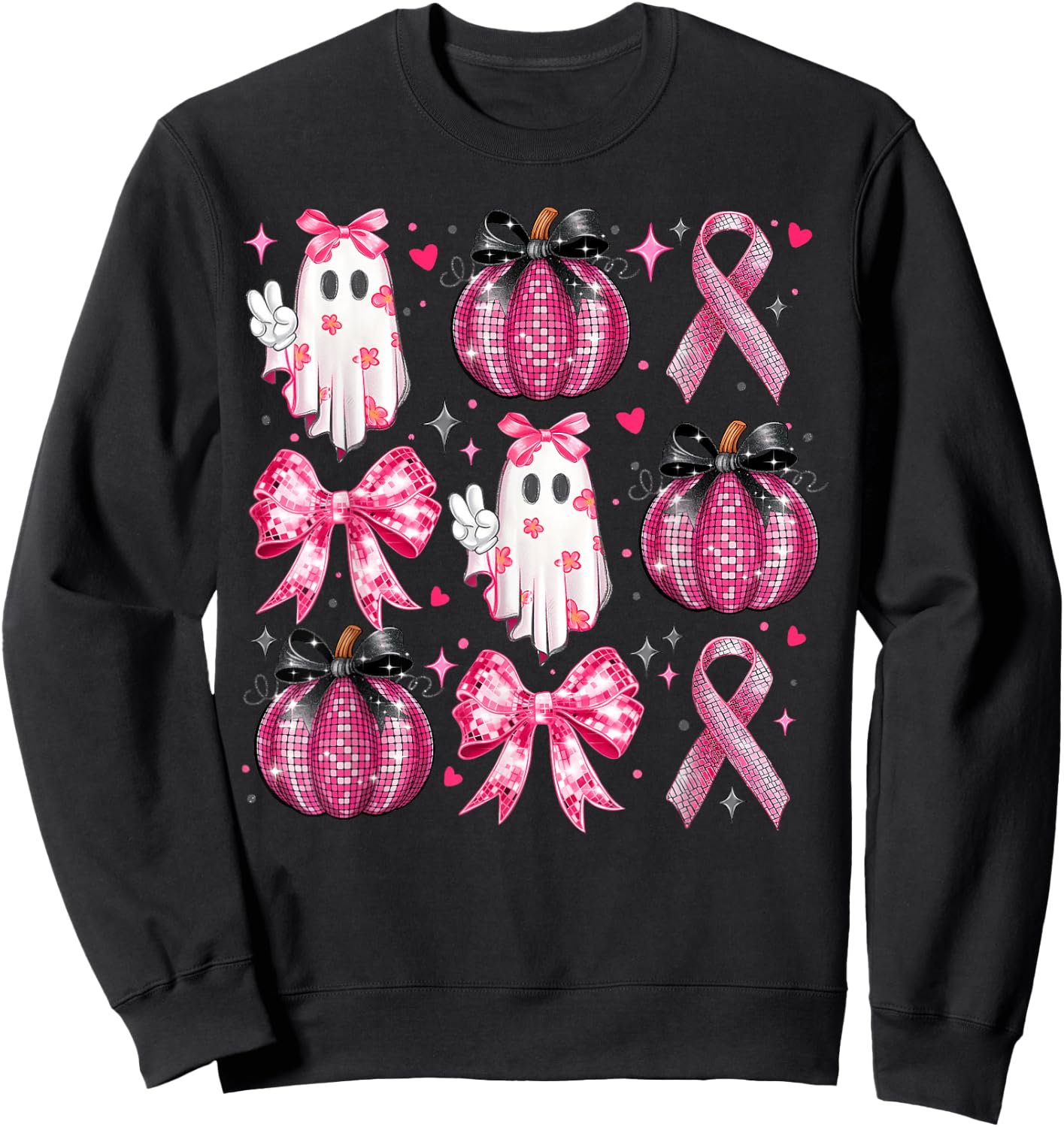 Halloween Pumpkin Pink Ribbon Disco Ghost Bow Breast Cancer Sweatshirt - Sweatshirt | Black