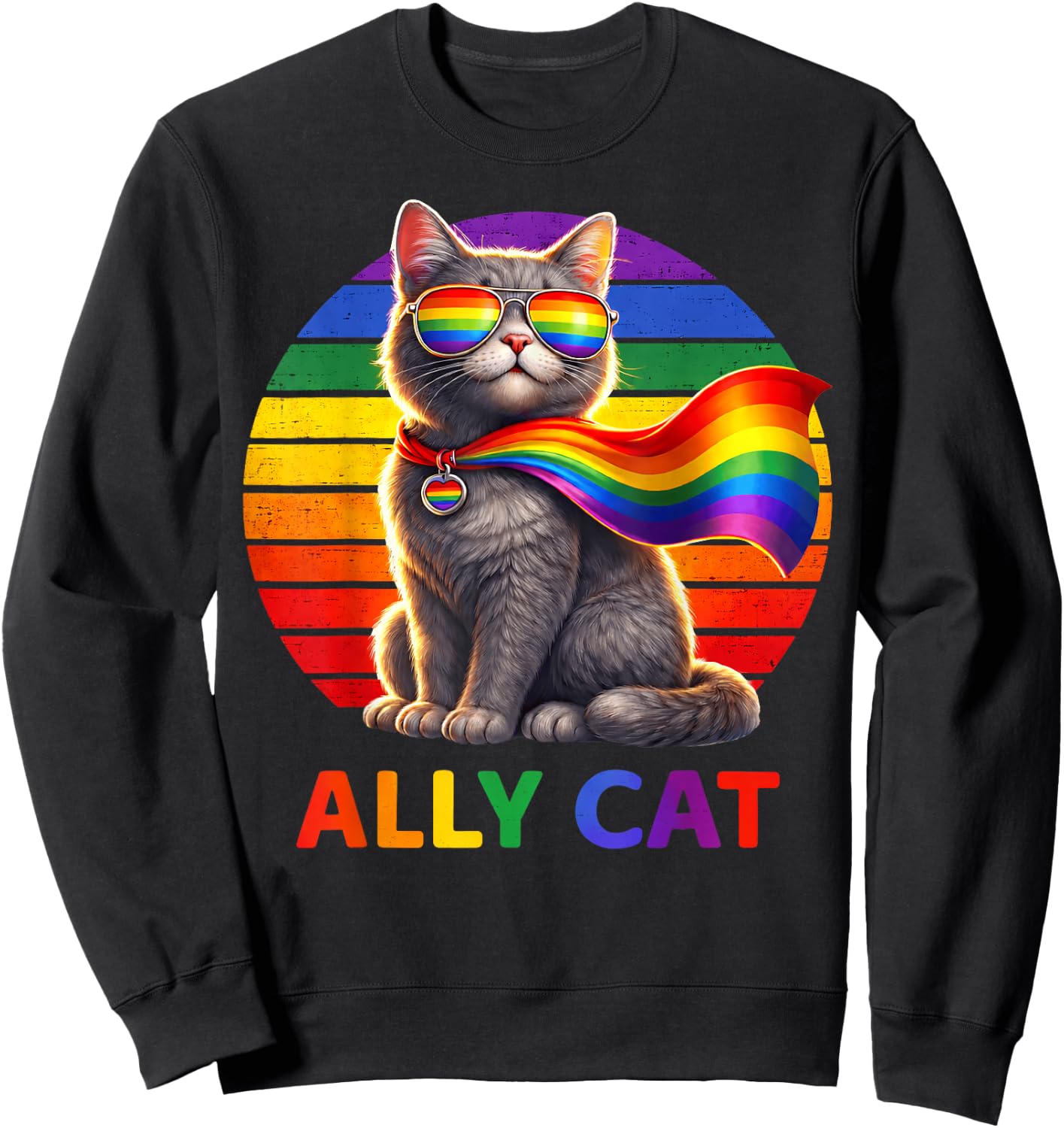 Pride LGBT Ally Cat Fun Rainbow Colorful Men Women Kid Sweatshirt - Sweatshirt | Black