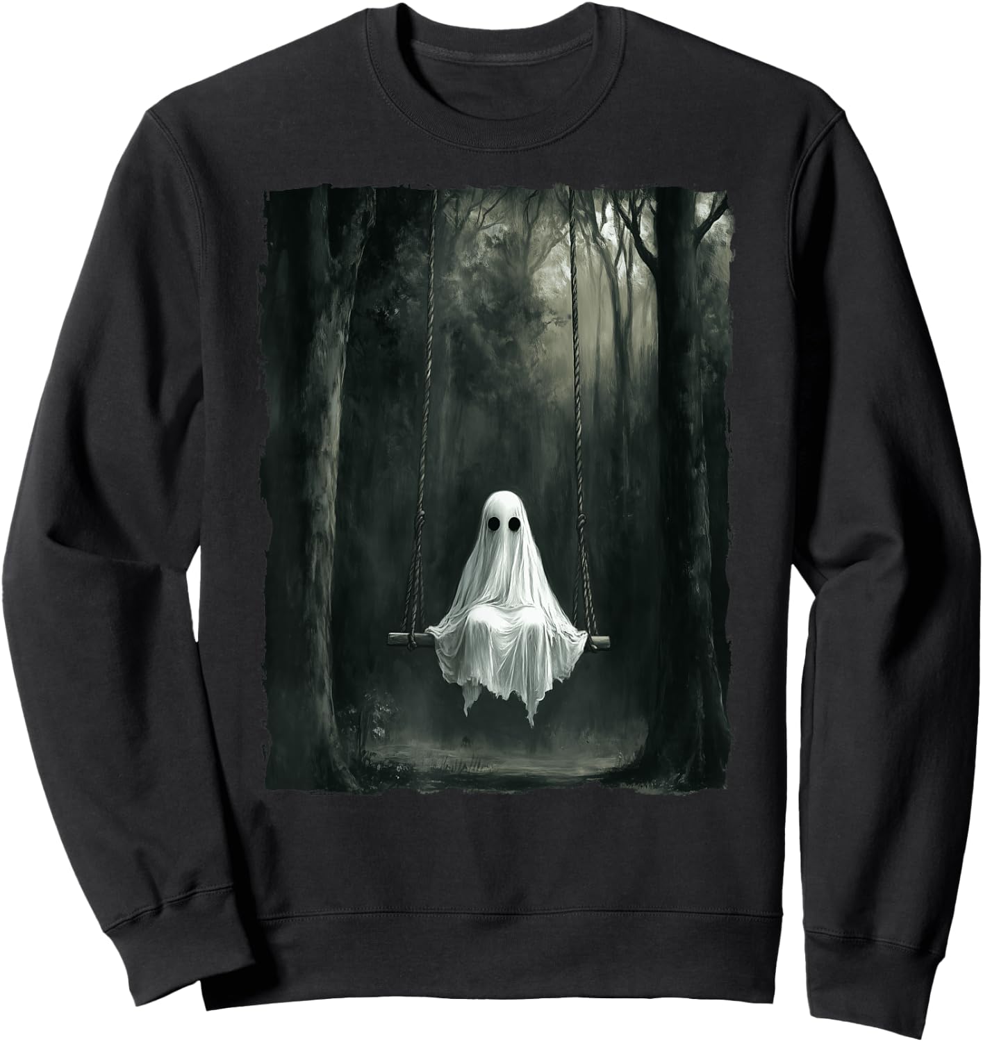 Vintage Floral Ghost On Swing In Forest Spooky Halloween Sweatshirt - Sweatshirt | Black