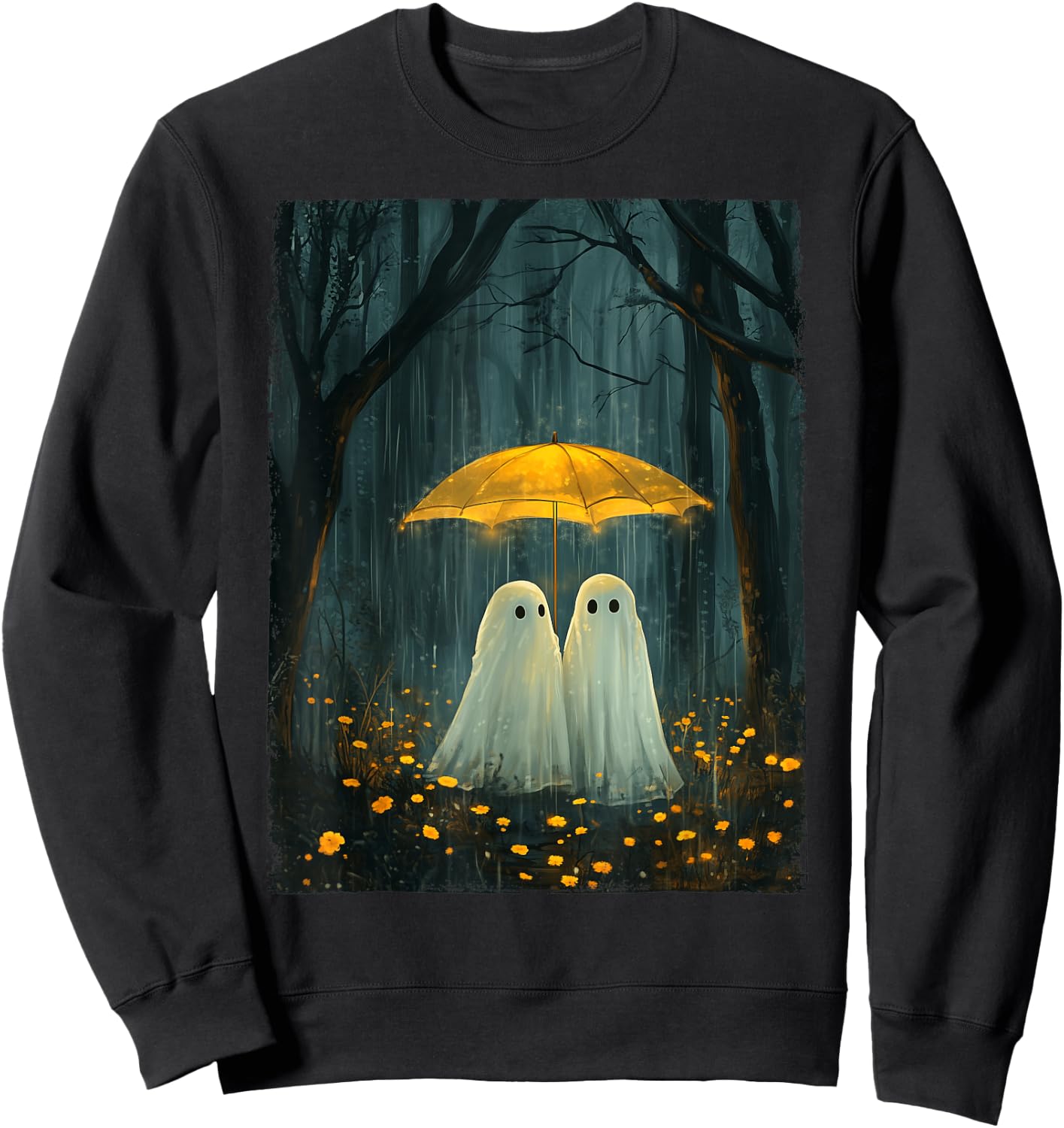 Floral Ghost Holds Umbrella Couple Spooky Season Women Men Sweatshirt - Sweatshirt | Black