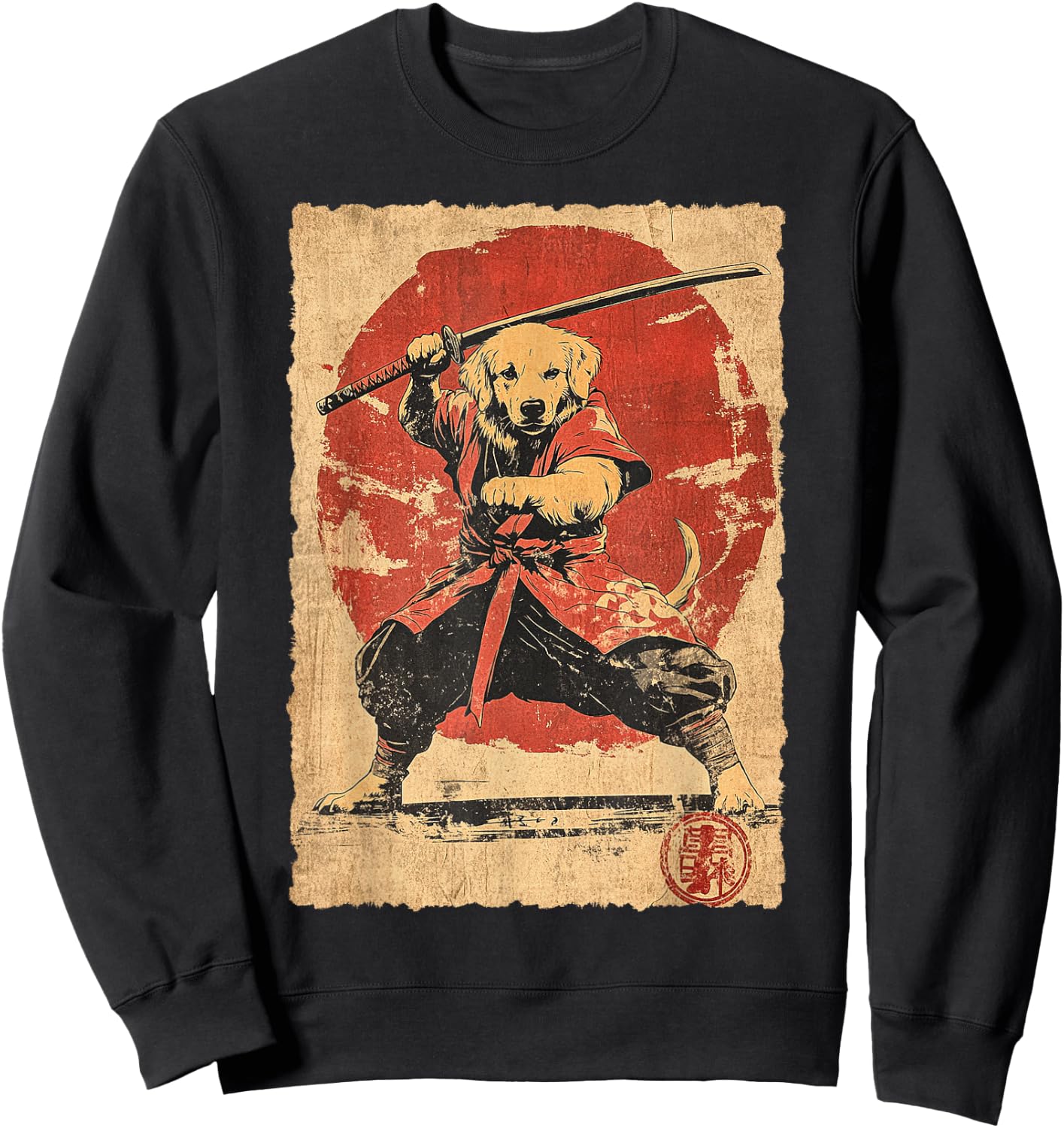 Vintage Japanese Art Golden Retriever Ninja Samurai Warrior Sweatshirt - Sweatshirt | Black