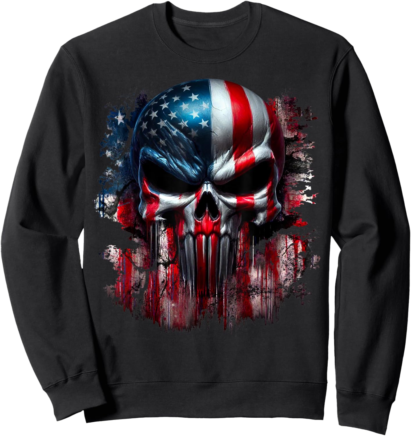 American Skull Patriotic Flag USA Grunge Reaper Graphic Women Men Sweatshirt - Sweatshirt | Black