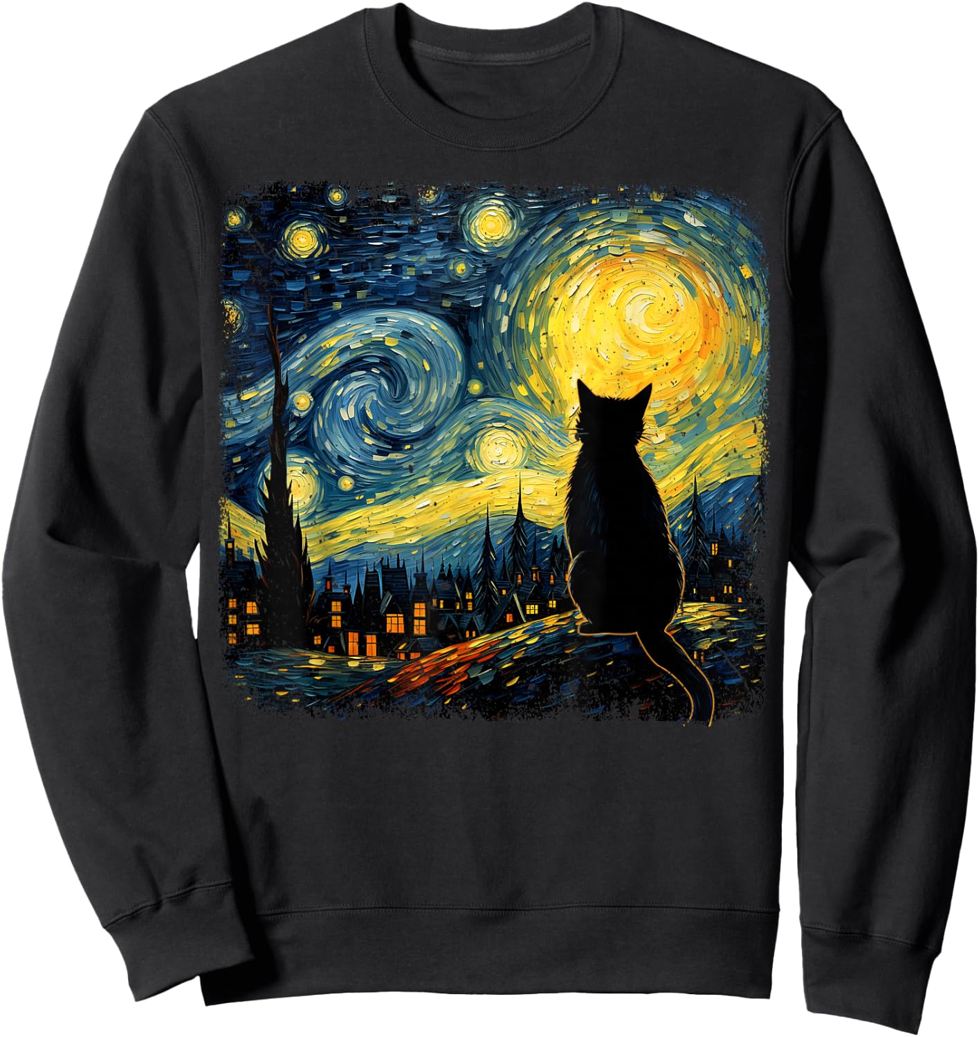 Cat Starry Night Van Gogh Cat For Cat Lover Cat Mom Cat Dad Sweatshirt - Sweatshirt | Black