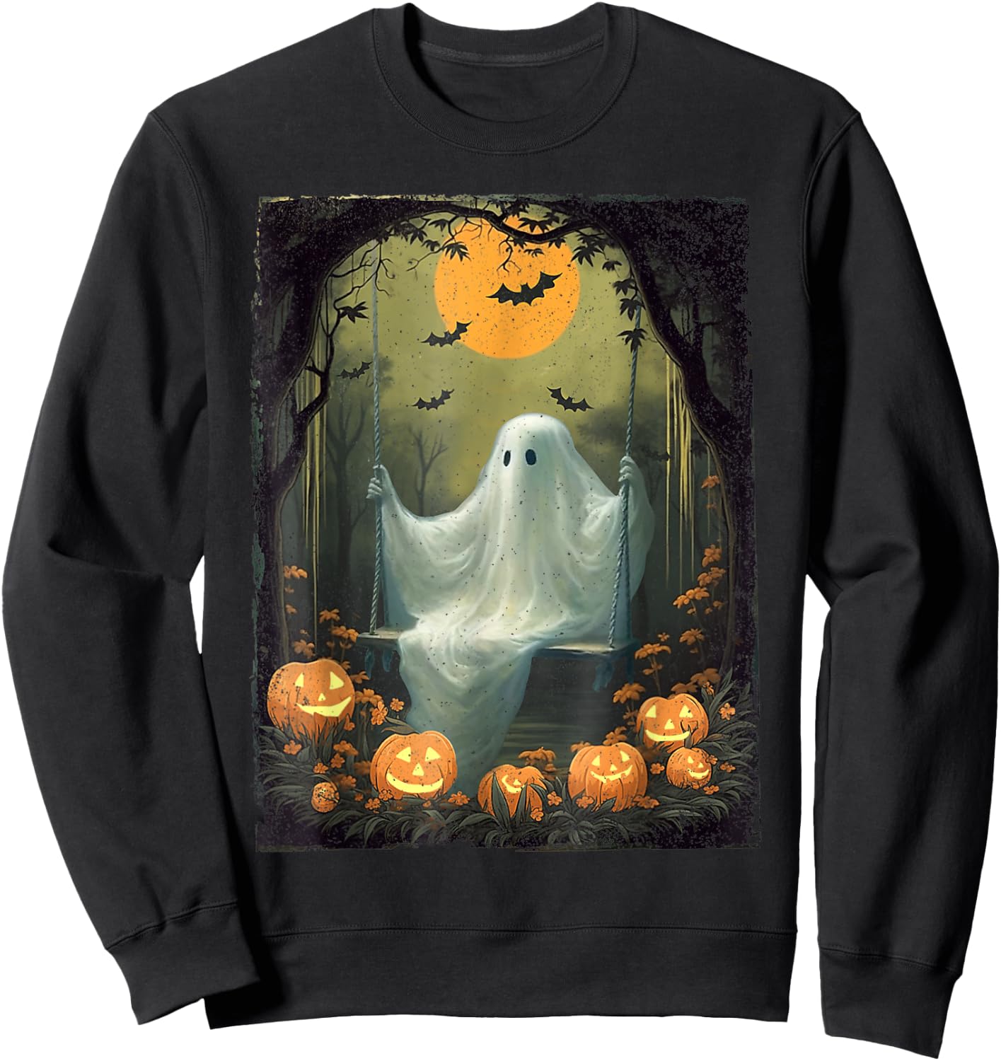 Vintage Floral Ghost On Swing In Forest Halloween Pumpkin Sweatshirt - Sweatshirt | Black