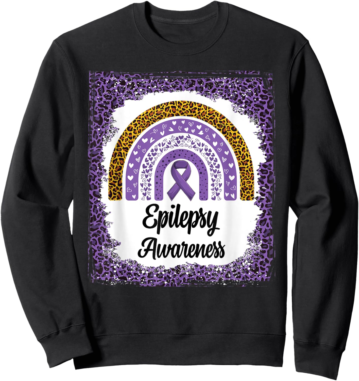 Epilepsy Awareness Bleached Rainbow leopard Purple Ribbon Sweatshirt - Sweatshirt | Black