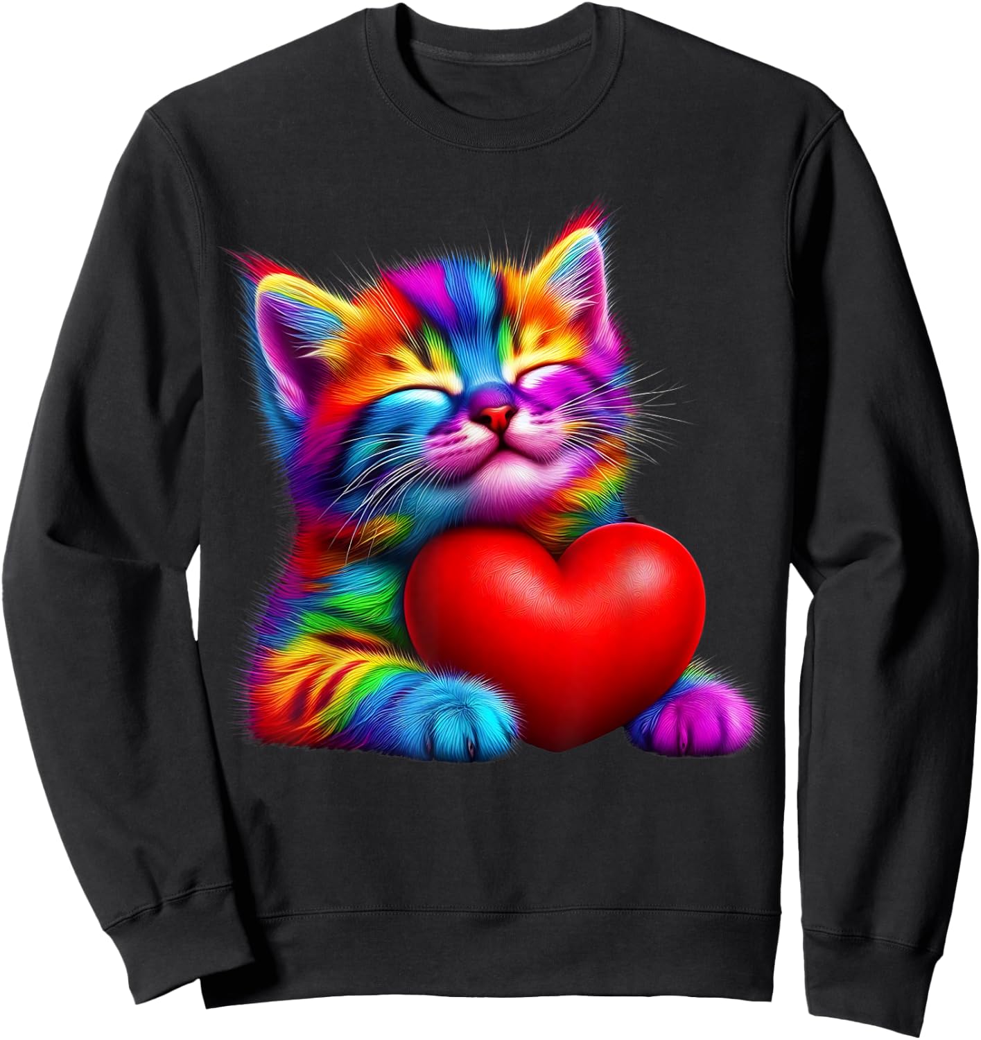 Rainbow Cute Cat Hugging Valentine Heart Kitty Love Cat Sweatshirt - Sweatshirt | Black