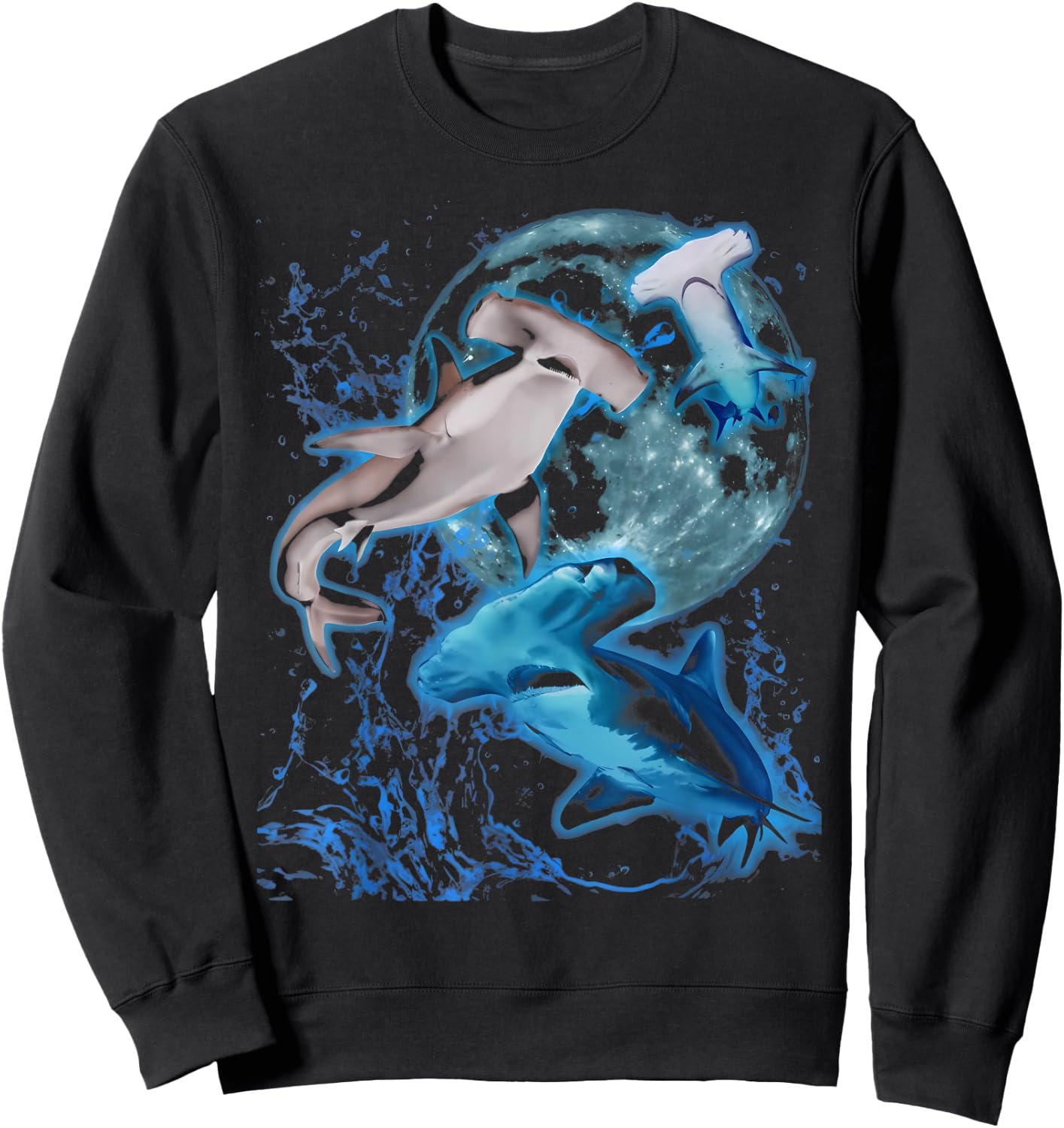 Vintage Three Hammerhead Shark Howling Moon Marine Biologist Sweatshirt - Sweatshirt | Black
