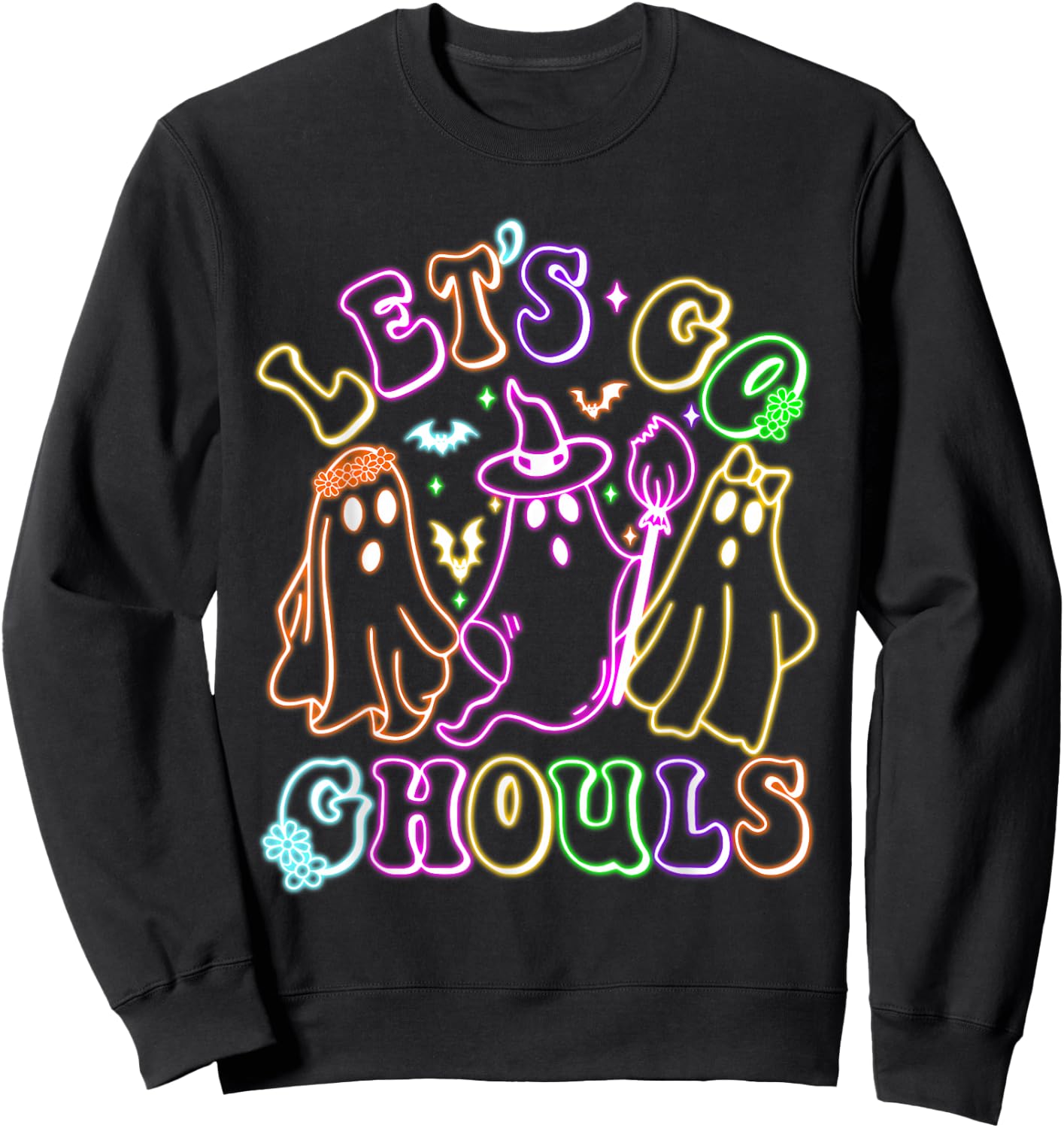 Retro Lets Go Ghouls Halloween Spooky Ghost Colorful Glowing Sweatshirt - Sweatshirt | Black