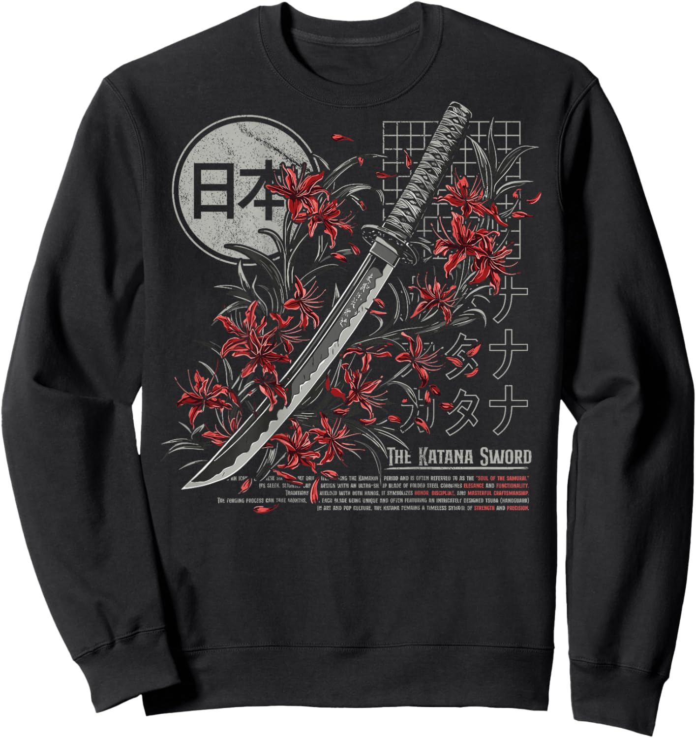 Red Spider Lily Flower Japanese Katana Sword Backprinted Sweatshirt - Sweatshirt | Black
