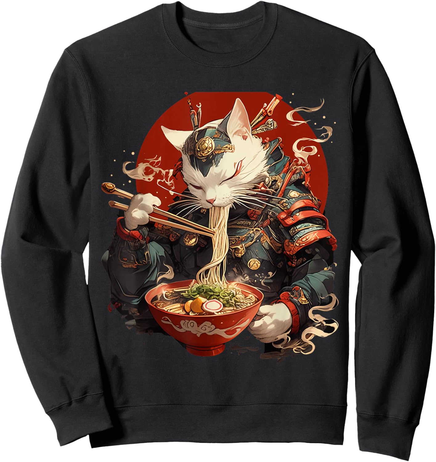 Japanese Art Ramen Cat Ninja Ukiyo-e Anime Style Samurai Cat Sweatshirt - Sweatshirt | Black