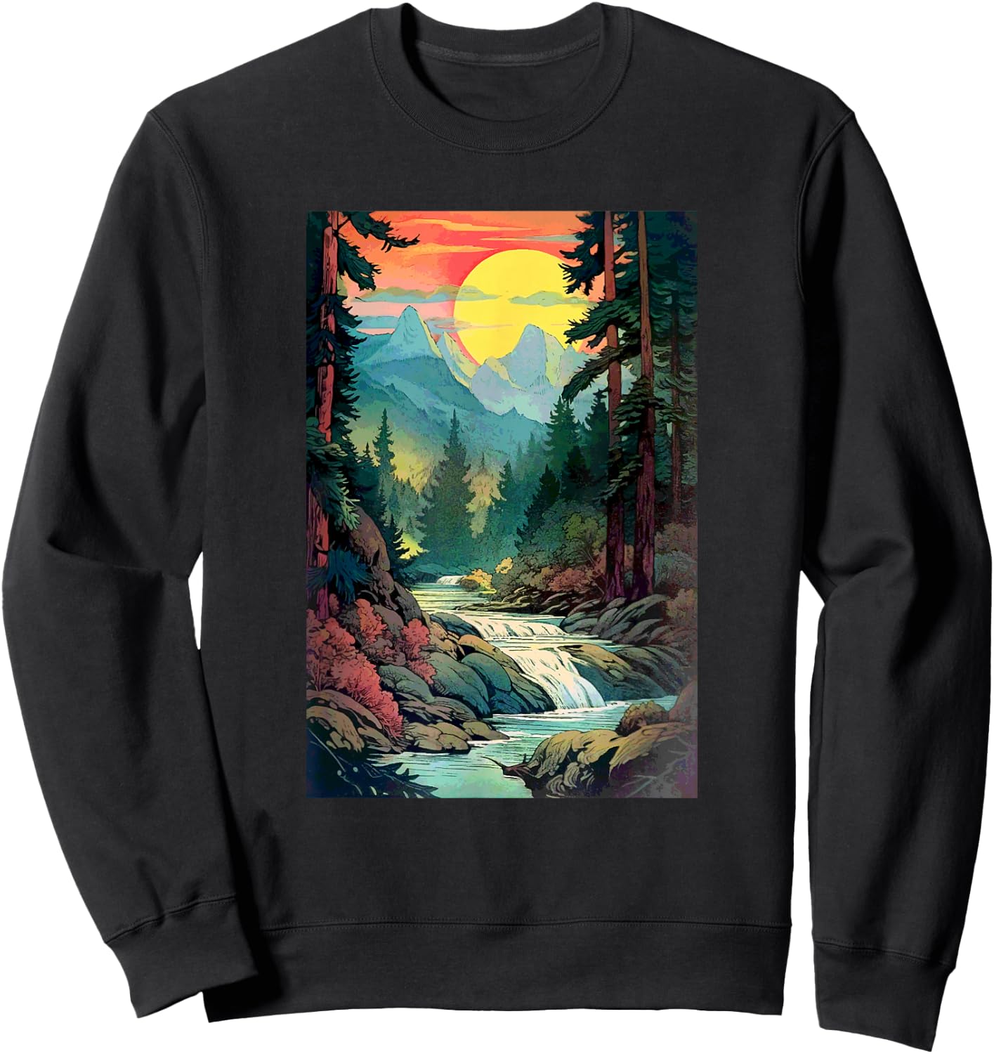 Mountains Trees River Waterfall Woodsy Nature Scene Outdoors Sweatshirt - Sweatshirt | Black