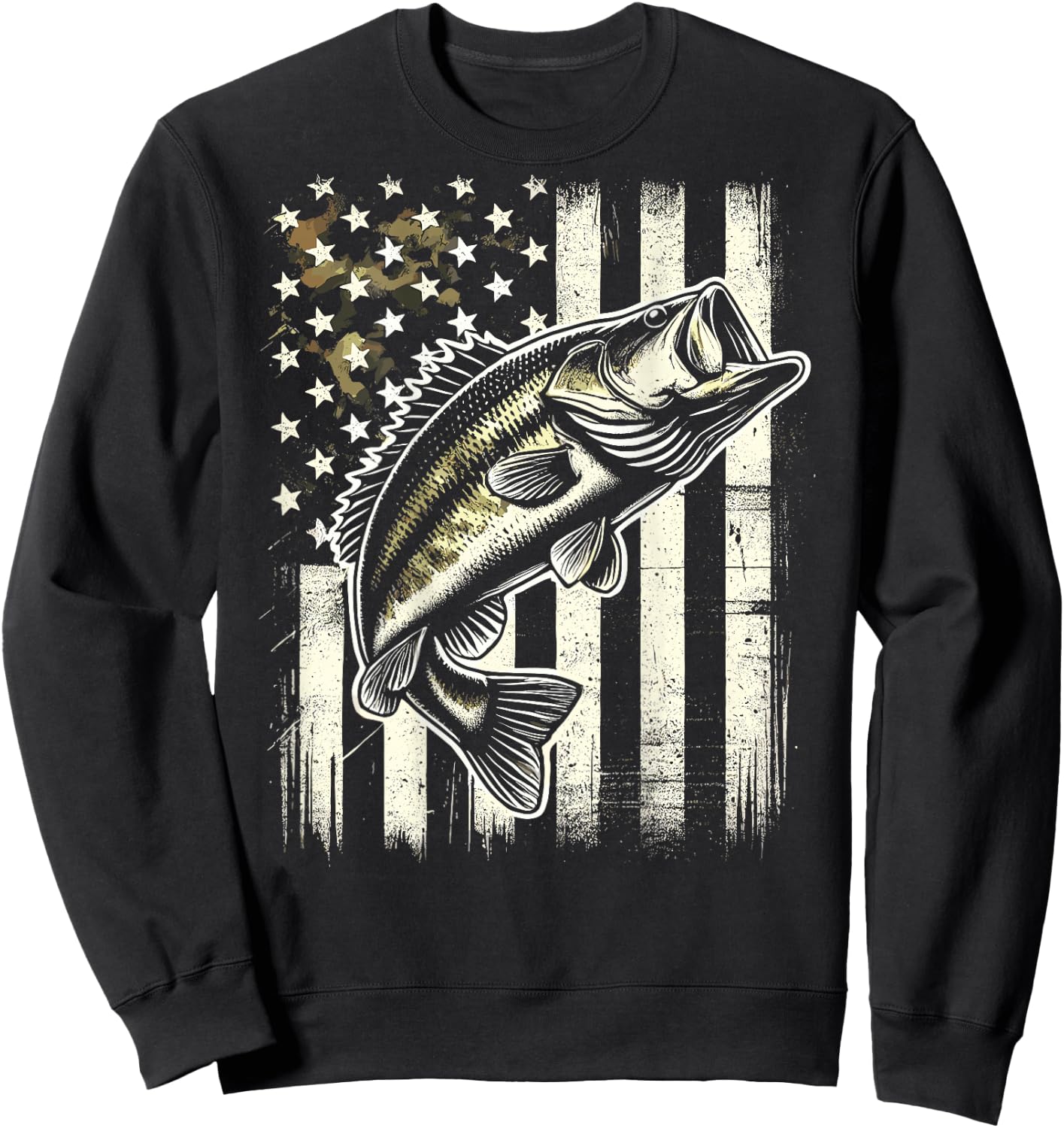 American Flag Camo Bass Fish Fishing Sweatshirt - Sweatshirt | Black