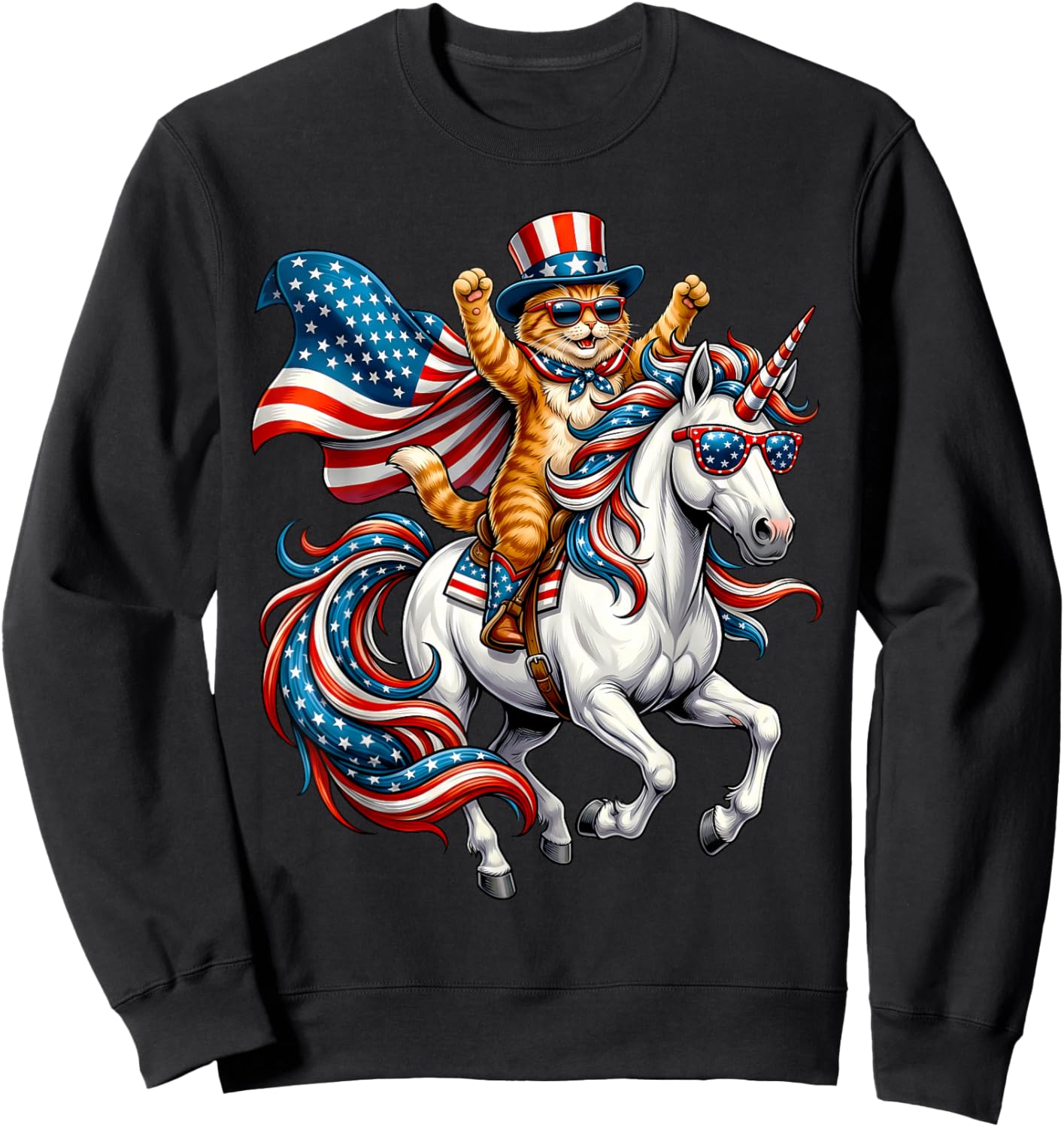 Funny Cat Unicorn America USA Flag Patriotic 4th of July Sweatshirt - Sweatshirt | Black