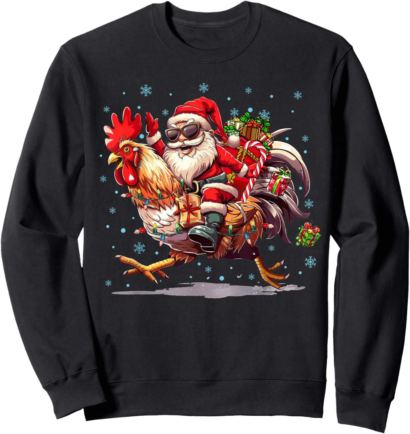 Ugly Christmas Santa Riding Chicken Christmas Tree Lights Sweatshirt - Sweatshirt | Black
