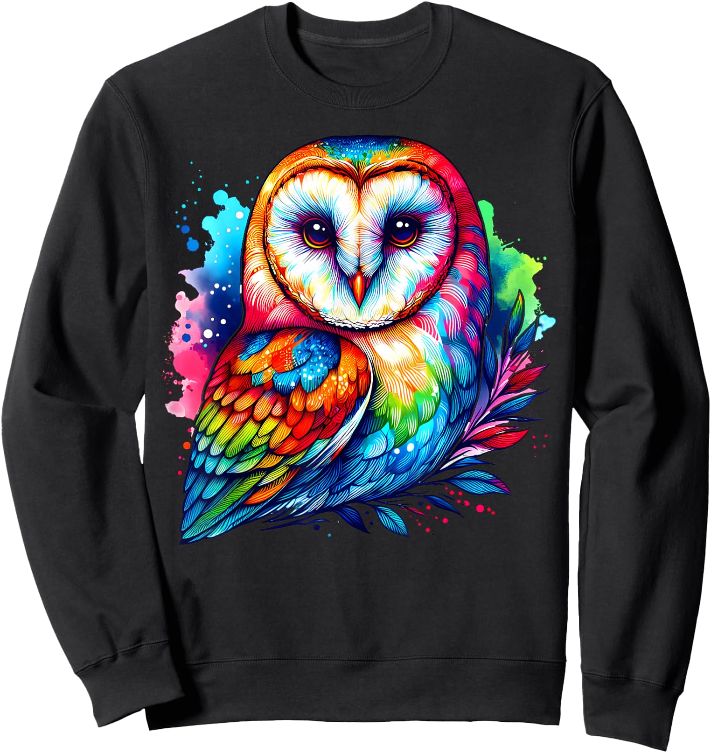 Cool Barn Owl Graphic Spirit Animal Illustration Tie Dye Art Sweatshirt - Sweatshirt | Black