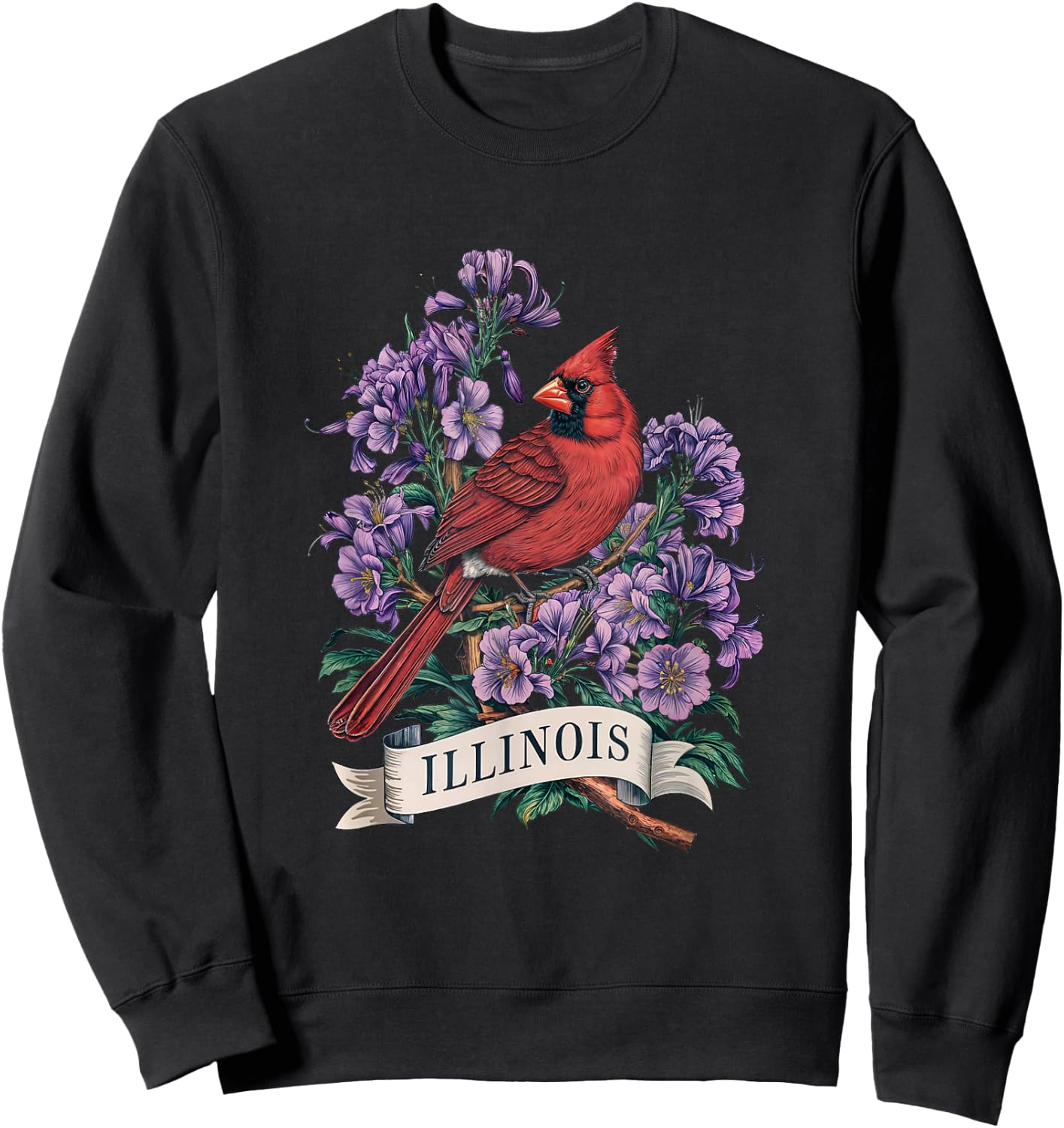 Illinois Northern Cardinal Bird and Violet Flower Sweatshirt - Sweatshirt | Black
