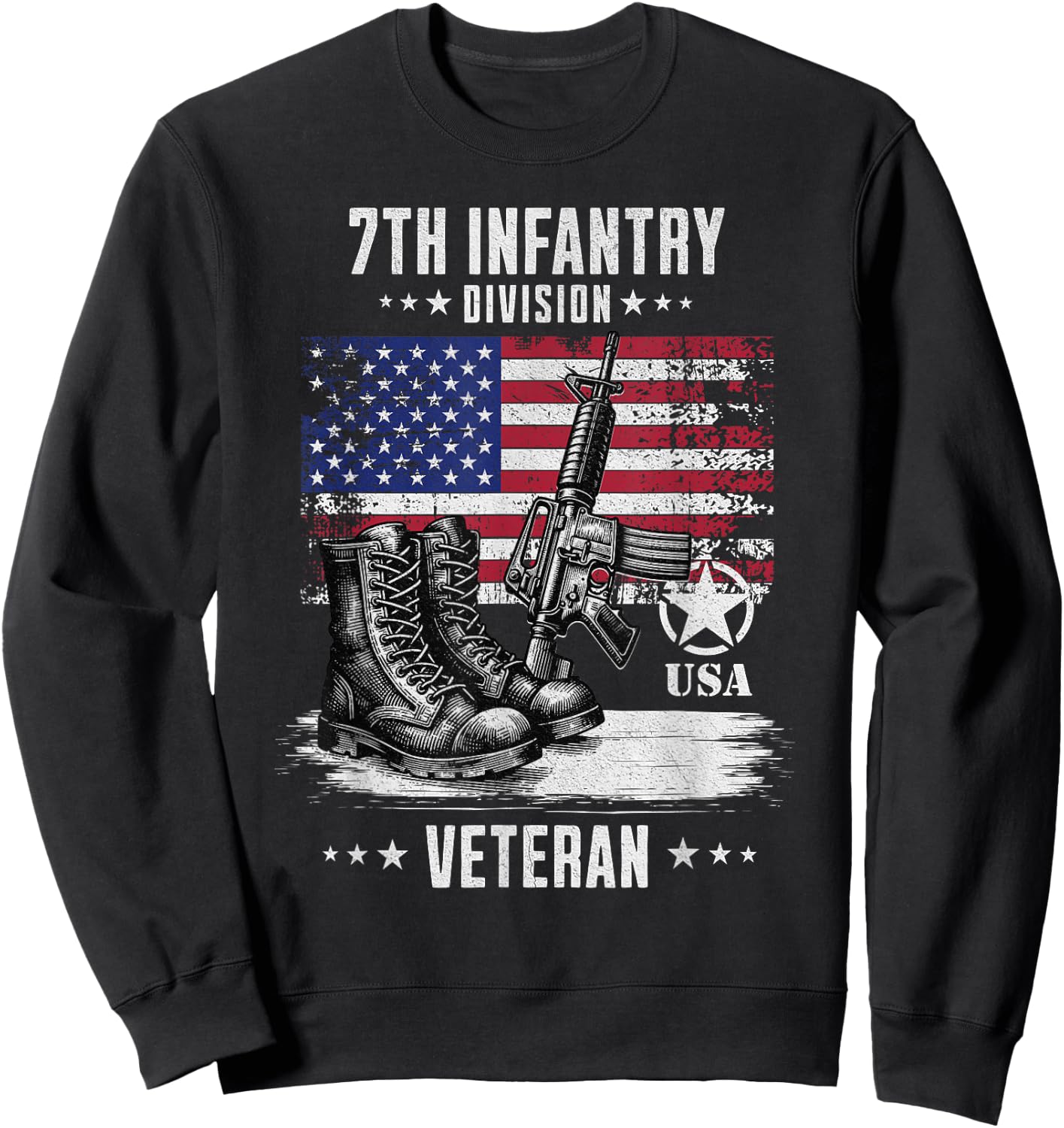 SoldierTees 7th Infantry Division Veteran Distressed -Adults - Black, Short Sleeve, Classic Fit, Military, Solid Color, Small Sweatshirt - Sweatshirt | Black