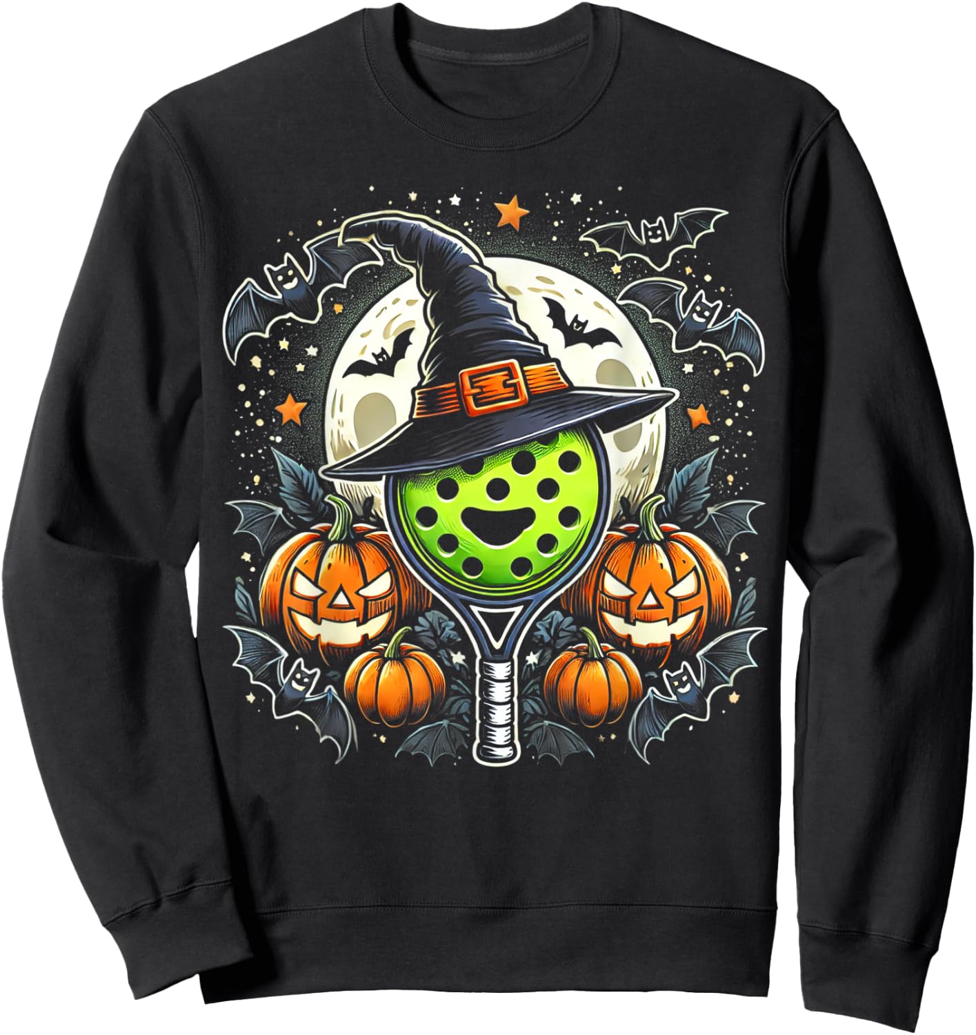 Pickleball Witch Halloween - Spooky Pumpkin Art Sweatshirt - Sweatshirt | Black
