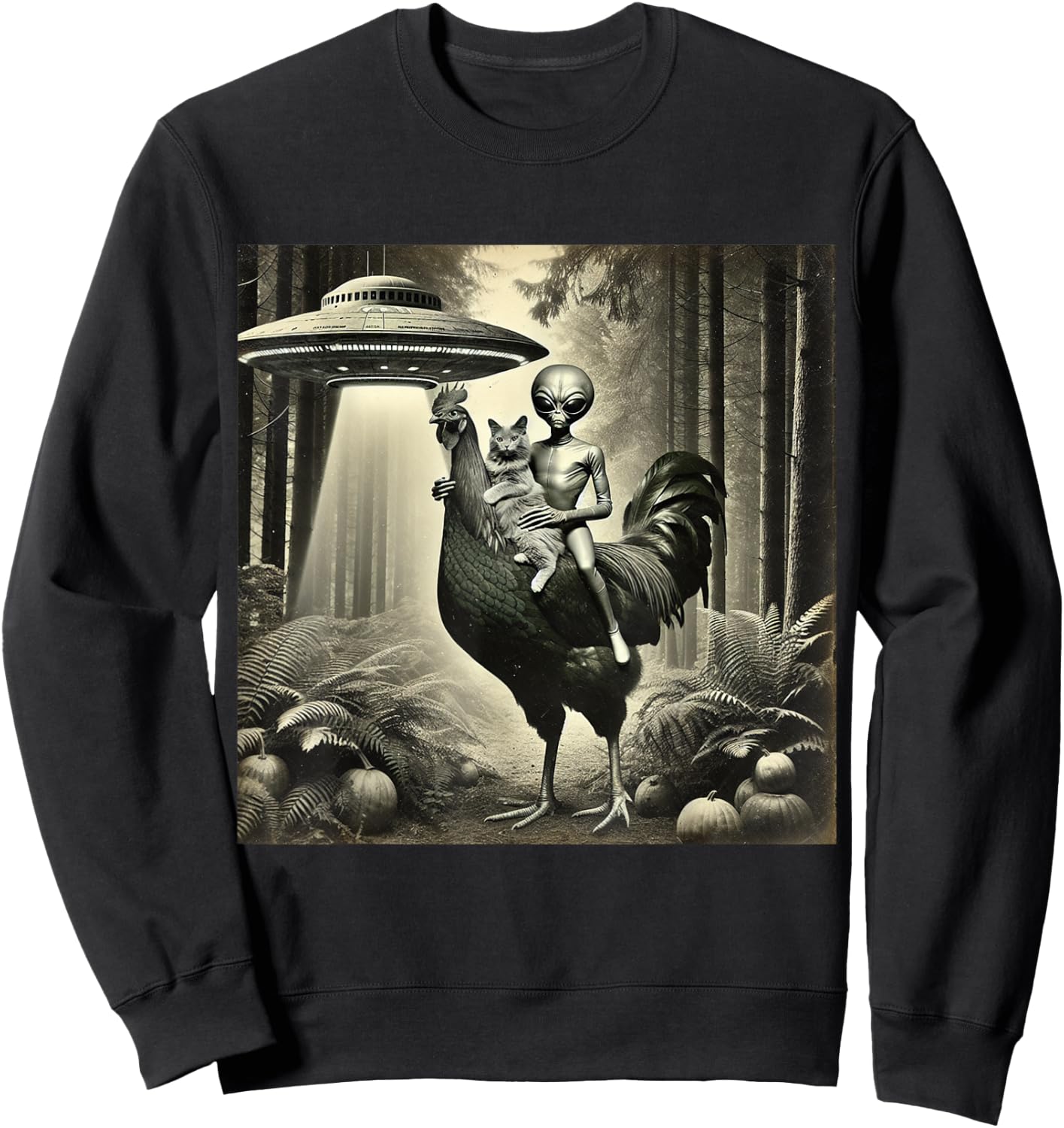 Funny UFO Alien and Cat Lovers Cat With Alien Riding Chicken -Adults, -Kids Black Short Sleeve Sweatshirt - Sweatshirt | Black