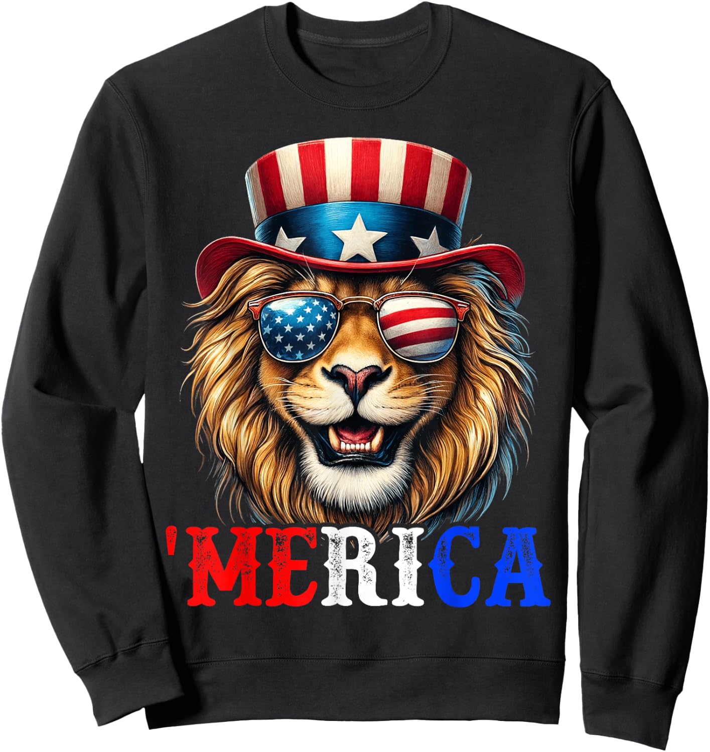 Merica Lion Patriotic 4th of July Funny Kids Men Women Sweatshirt - Sweatshirt | Black