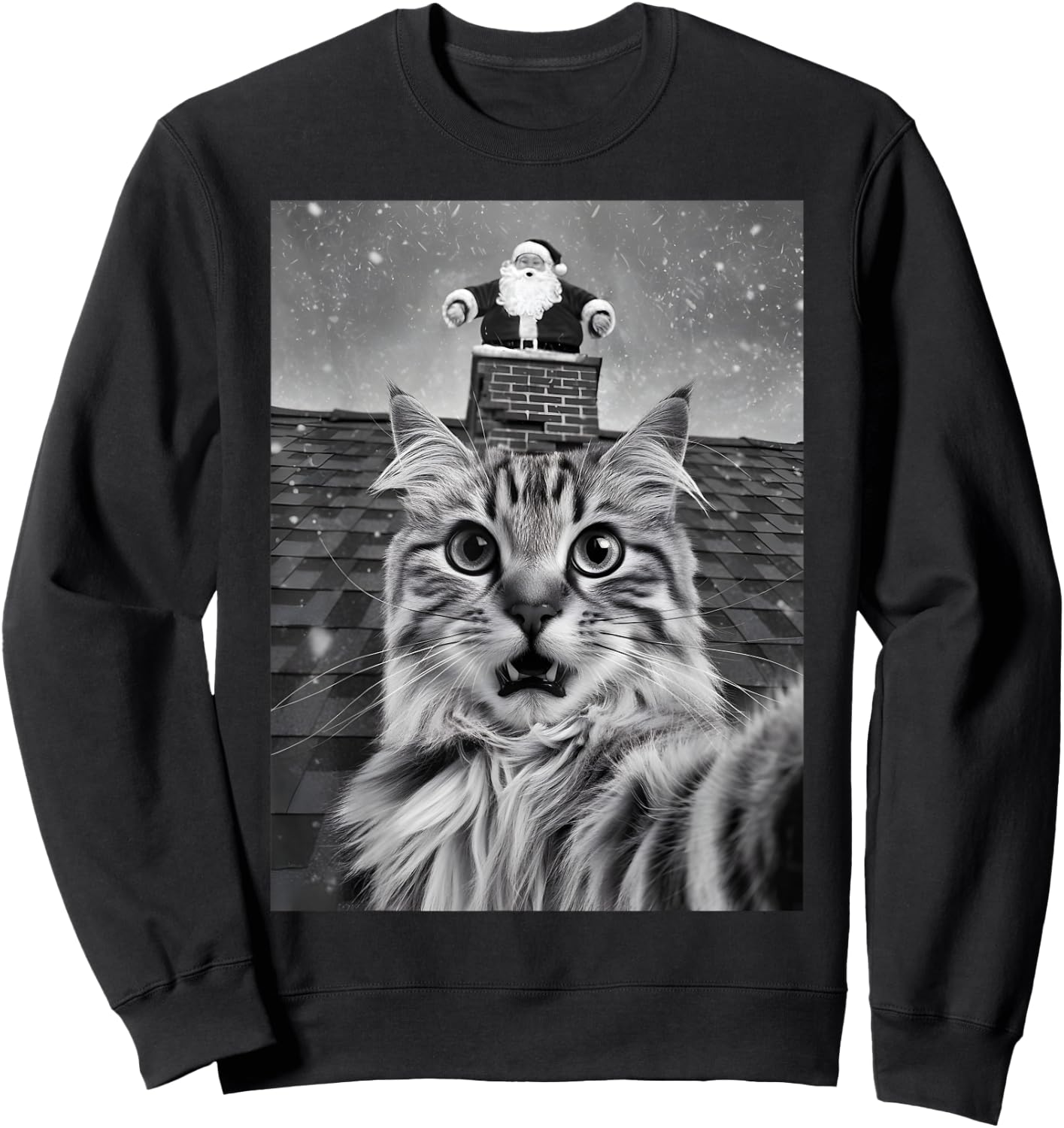 Cat Selfie With Santa Claus PJ Party Merry Christmas Sweatshirt - Sweatshirt | Black