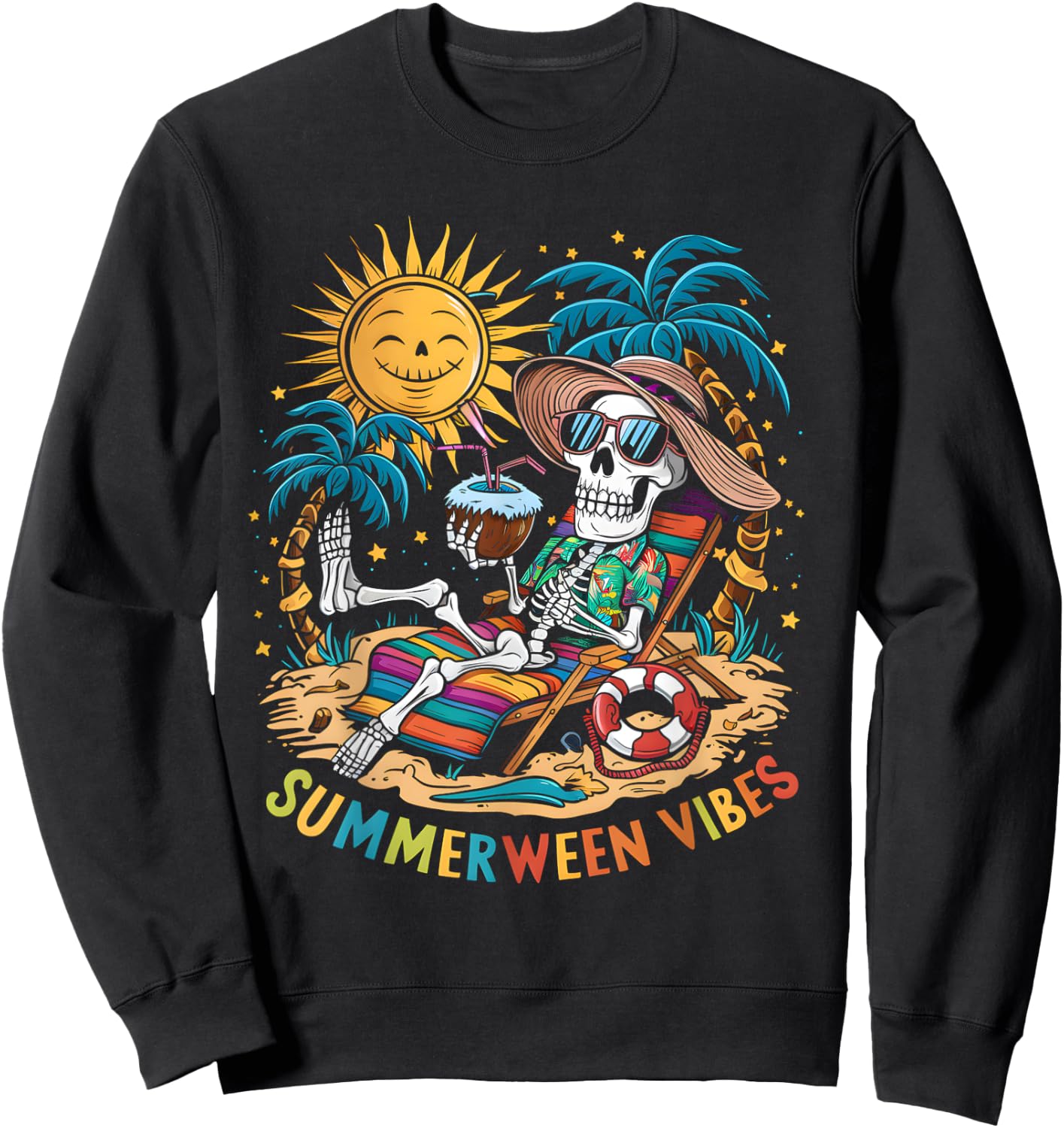Funny Summerween Vibes Skeleton Summer Vacation Beach Men Women Sweatshirt - Sweatshirt | Black