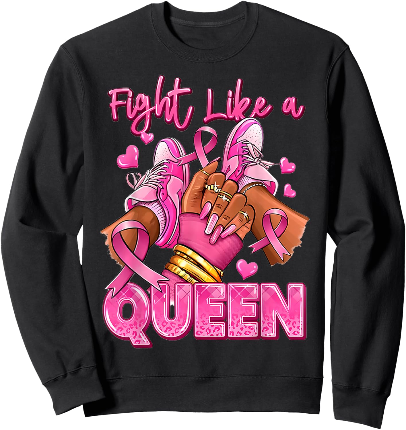 Fight Like A Queen Afro Girl Sneakers Breast Cancer Warrior Sweatshirt - Sweatshirt | Black