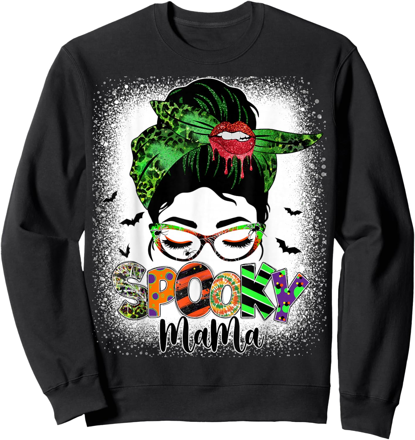 Spooky Mama Messy Bun Skull Mom Monster Bleached Halloween Sweatshirt - Sweatshirt | Black