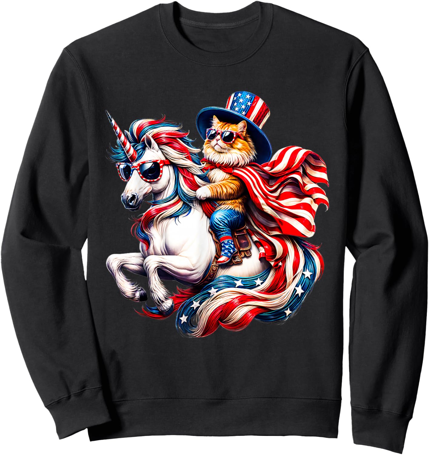 Cat Riding Unicorn USA Flag Patriotic 4th of July Sweatshirt - Sweatshirt | Black