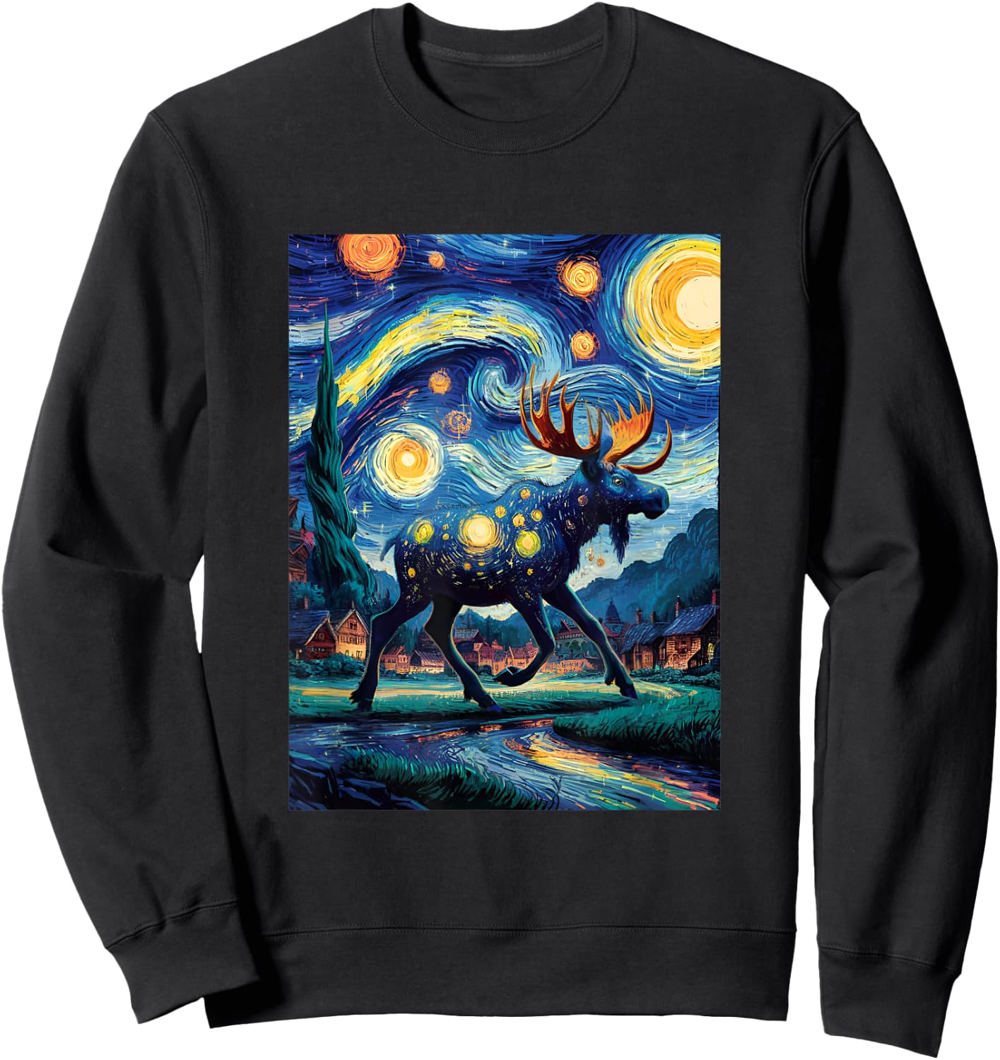 Artistic Moose Van Gogh Style Starry Night The Moose Lovers Sweatshirt - Sweatshirt | Black