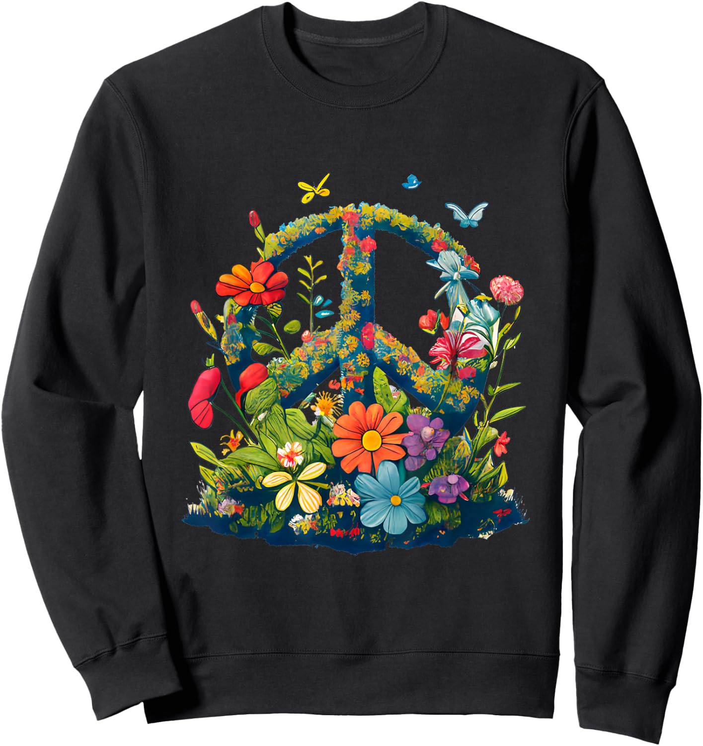 Peace Sign with Flowers and Butterflies, Peace Sweatshirt - Sweatshirt | Black