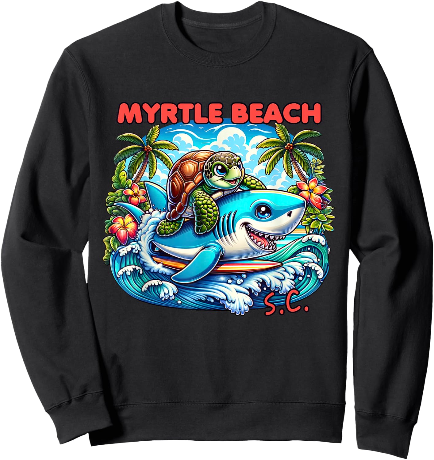 Myrtle Beach South Carolina Turtle and Shark Sweatshirt - Sweatshirt | Black