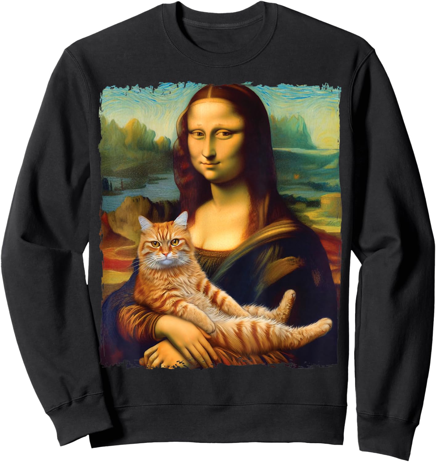 Mona Lisa Holding Cat Kitty for Cats Lover Cat Dad Cat Mom Sweatshirt - Sweatshirt | Black
