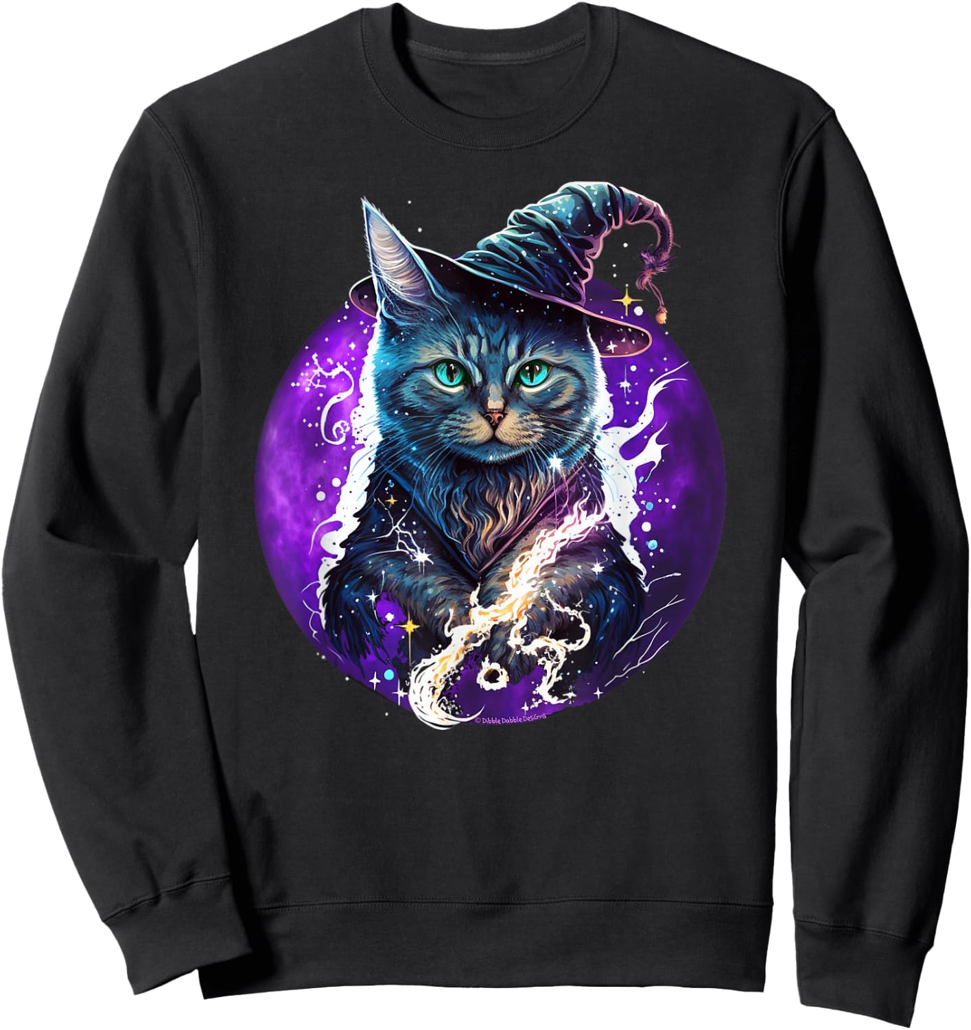 Beautiful Wiccan Cat with a Witch Hat Purple Moon Witchy Cat Sweatshirt - Sweatshirt | Black