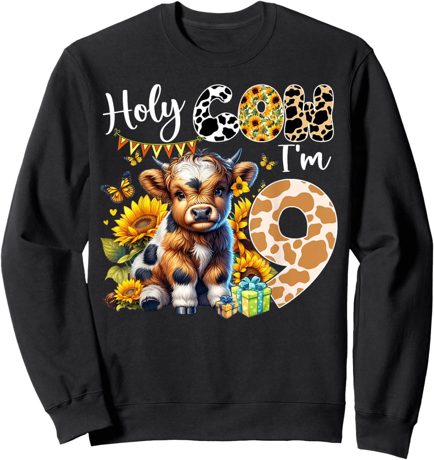 Holy Cow I’m 9 Years Old Dairy Cow Sunflowers 9th Birthday Sweatshirt - Sweatshirt | Black