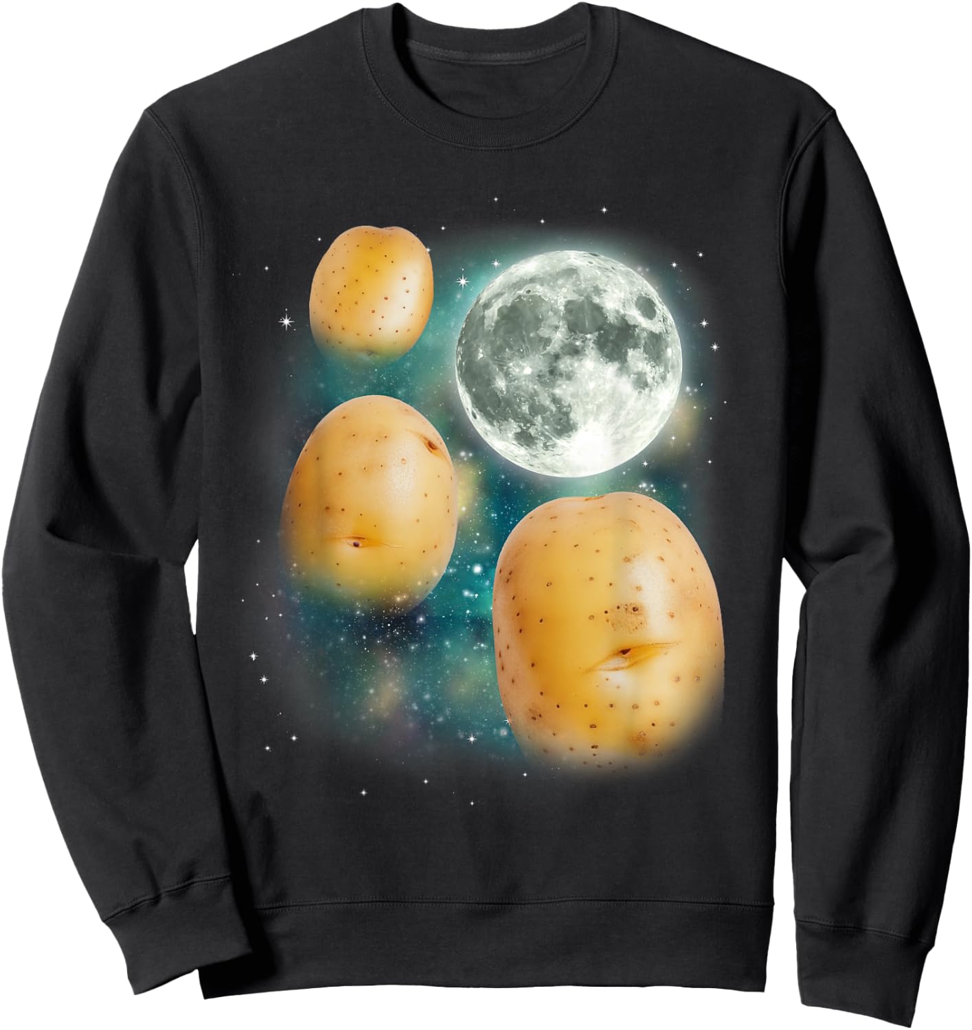 Three Potato Moon | 3 Spuds Howling Potato Farmer Vegetable Sweatshirt - Sweatshirt | Black