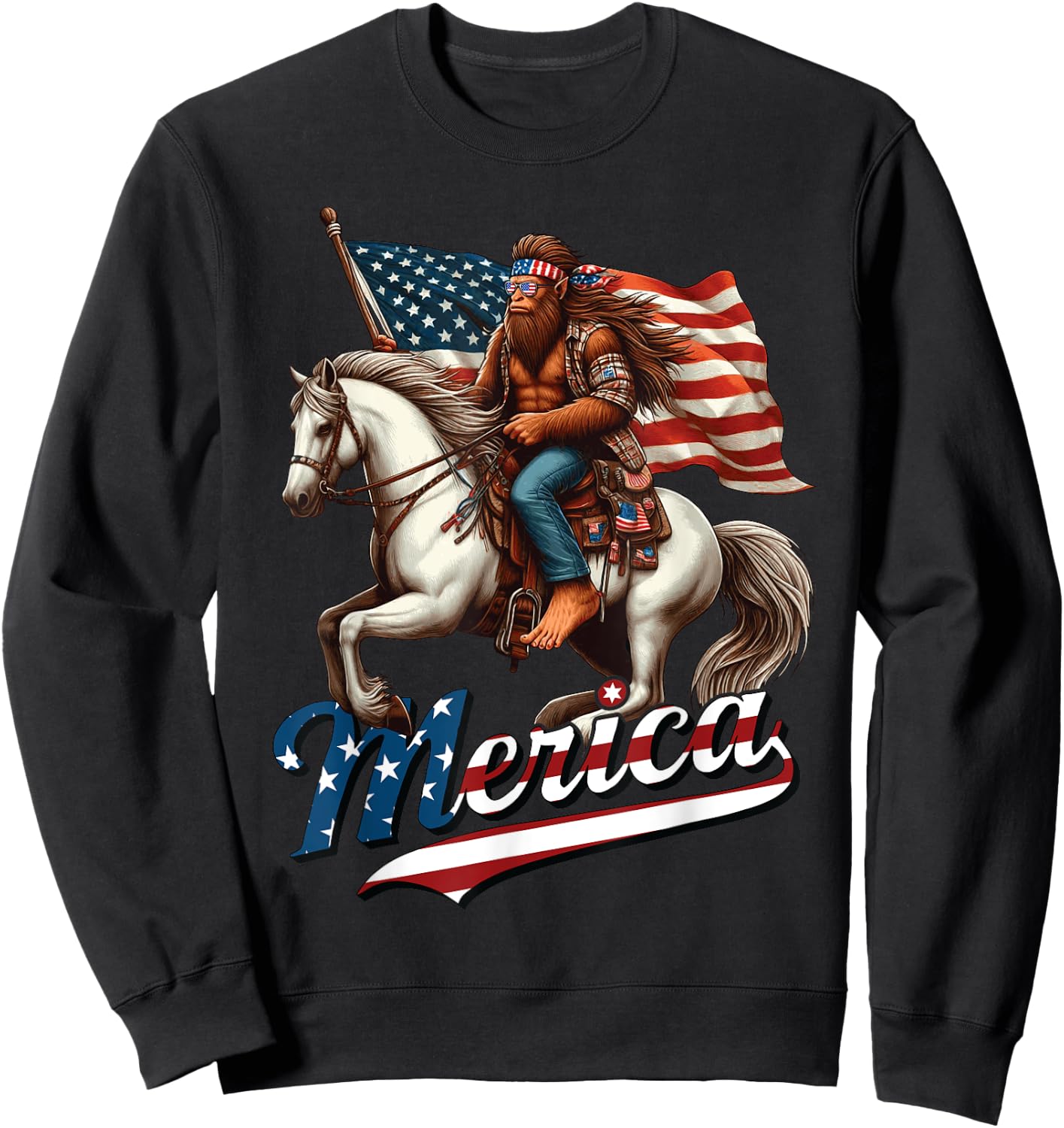 Funny Bigfoot Merica USA Mullet Bandana Horse Riding Sweatshirt - Sweatshirt | Black