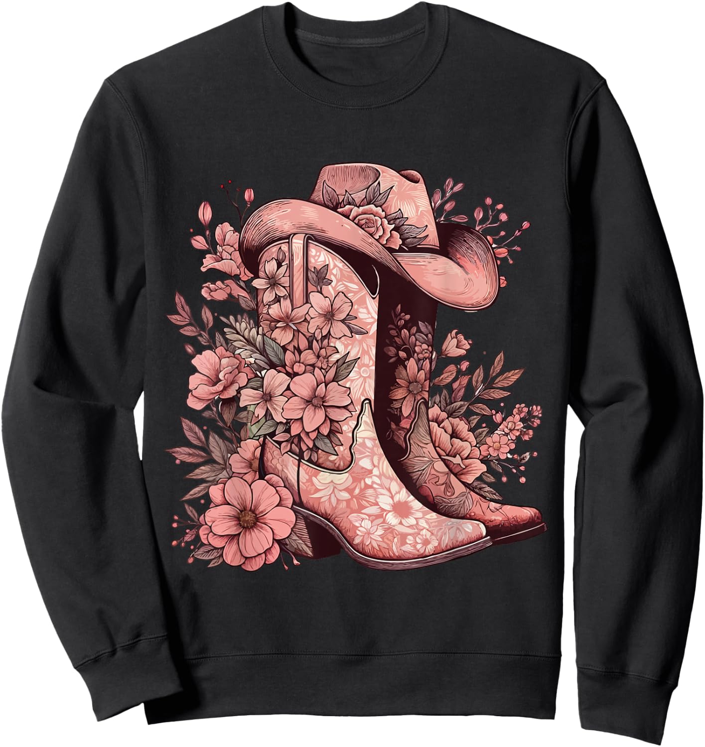 Boho Watercolor Cowgirl Boots Hat Floral Boots Western Boots Sweatshirt - Sweatshirt | Black