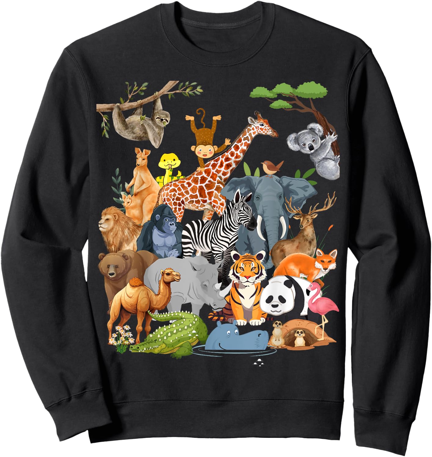 Men Women and Kids Wildlife Zoo Day Party Cute 22 Animals Sweatshirt - Sweatshirt | Black