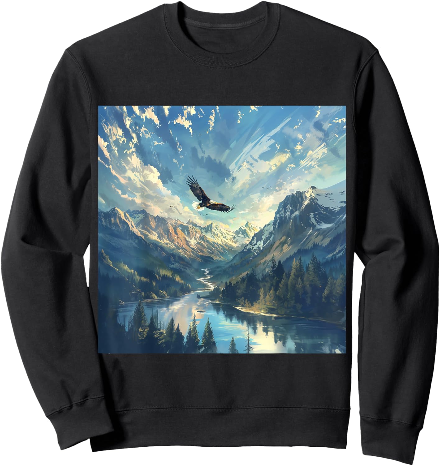 Gnosis Picture Archive Adult Impressionist Wild Bald Eagle Flying over River Valley - Black - Small - Short Sleeve Sweatshirt - Sweatshirt | Black